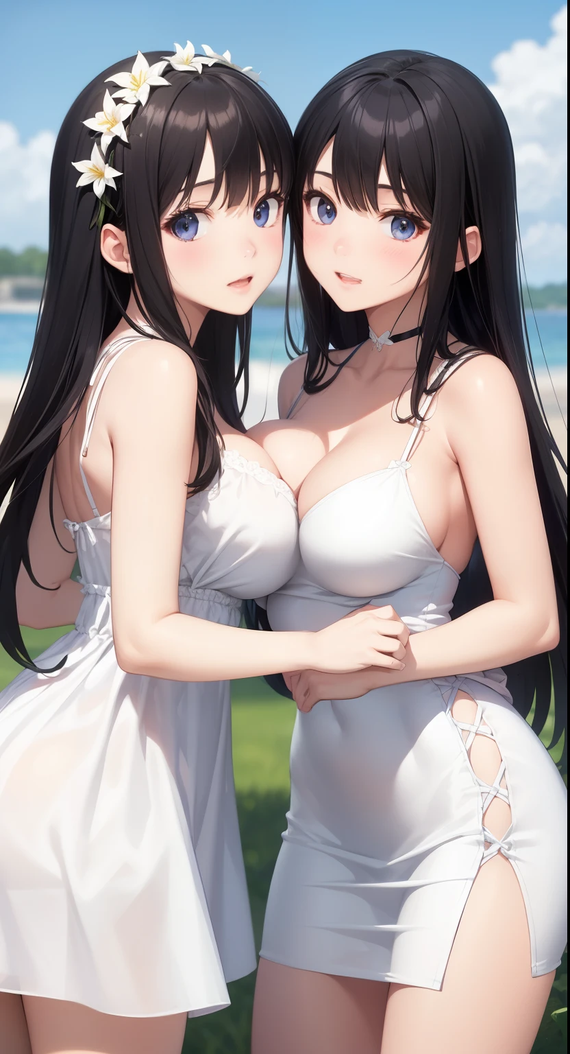big breasts:1.2、、highest quality、very detailed、Very realistic eye masterpiece、highest quality、very detailed、black hair、perfect face、long hair、white dress、sundress、lily、two girls、anime、kiss