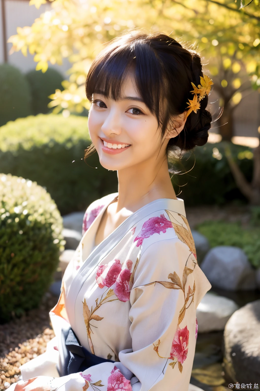 (realistic:1.3), rembrandt lighting, (masterpiece:1.2), (photorealistic:1.2), (best quality), (detailed skin:1.3), (intricate details), ray tracing,1girl, japanese girl, 21 years old, detailed skin texture, (blush:0.5), subsurface scattering, smiling, updo hair, bangs, hair between eyes, hair ornaments, kimono, floral print, wearing edgJF_kimono, seiza (bright sunny day, autumn setting, autumn trees and leaves, (zen garden:1.2)