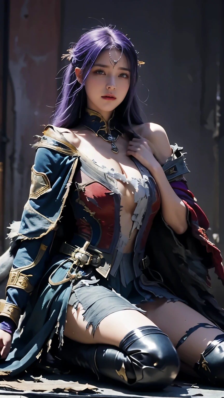 masterpiece,best quality,high resolution,8k,((lie down on the ground)),(full-body shot),original photo,real picture,digital photography,(Medieval fantasy female adventurer),(Female adventurer of the Middle Ages),25 year old female,(Hair ink blue gradient),long purple hair,Red eyes,(Purple gray gradient long hair,purple),(Off the shoulders),Luxurious ornaments,open lips,Keep your mouth beautiful and attractive,((frown)),Serious and arrogant,frightened expression,(medieval leather,Fantastic style,joint armor,Cloak,animal skin armor,coat),(torn clothes:1.6),Spreading legs,Struggling posture,medieval characters medieval fantasy style,night city background,oc render reflection texture