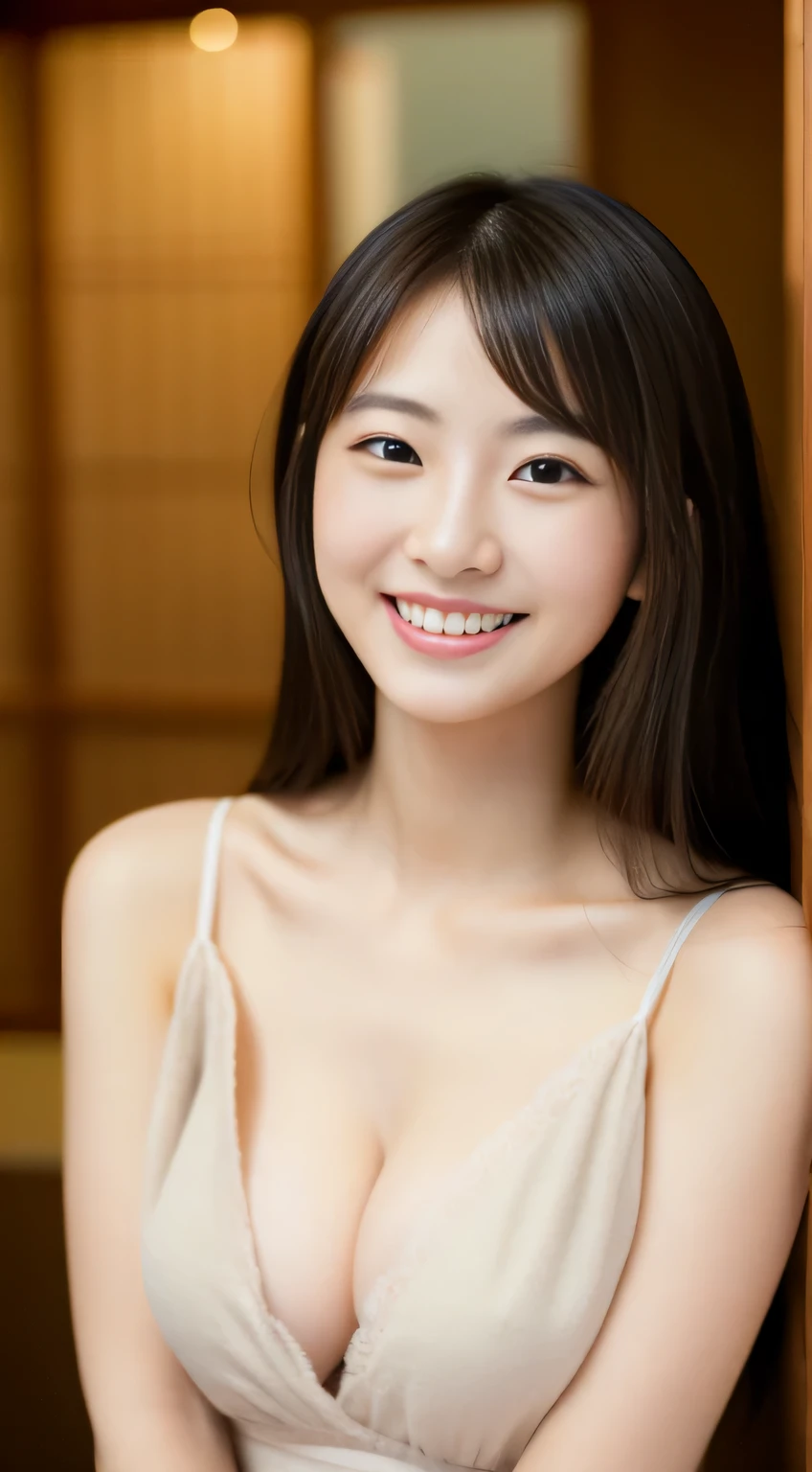masterpiece,best quality,(Japanese ),((Beautiful girl)),cleavage,indoor,(perfect body beauty:1.2),(shy smile),beautiful teeth,