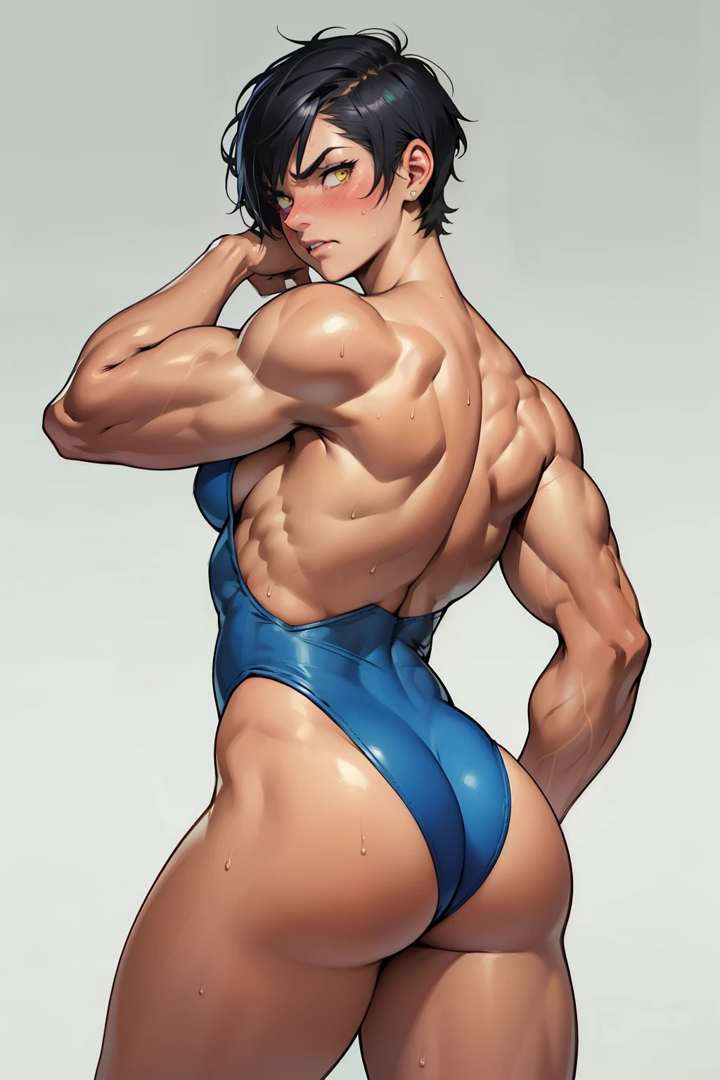 (high resolution, pixel perfect, gorgeous illustrations), (hyper quality, muste piece, etheric: 1.4), ((1girl)), (((((hand on own ass))))), ((tattoo)), ((mature woman)), cool atmosphere, (((((very short hair))))), yellow eyes, ((((angry)))), (((blush))), (((((((muscular))))))), ((thick thighs)), (((wide hips))), ((flat chest)), fighter, (((woman))), ((((leotard_armor)))), (high_heels), lewd woman, (shiny skin), sweat, simple background,