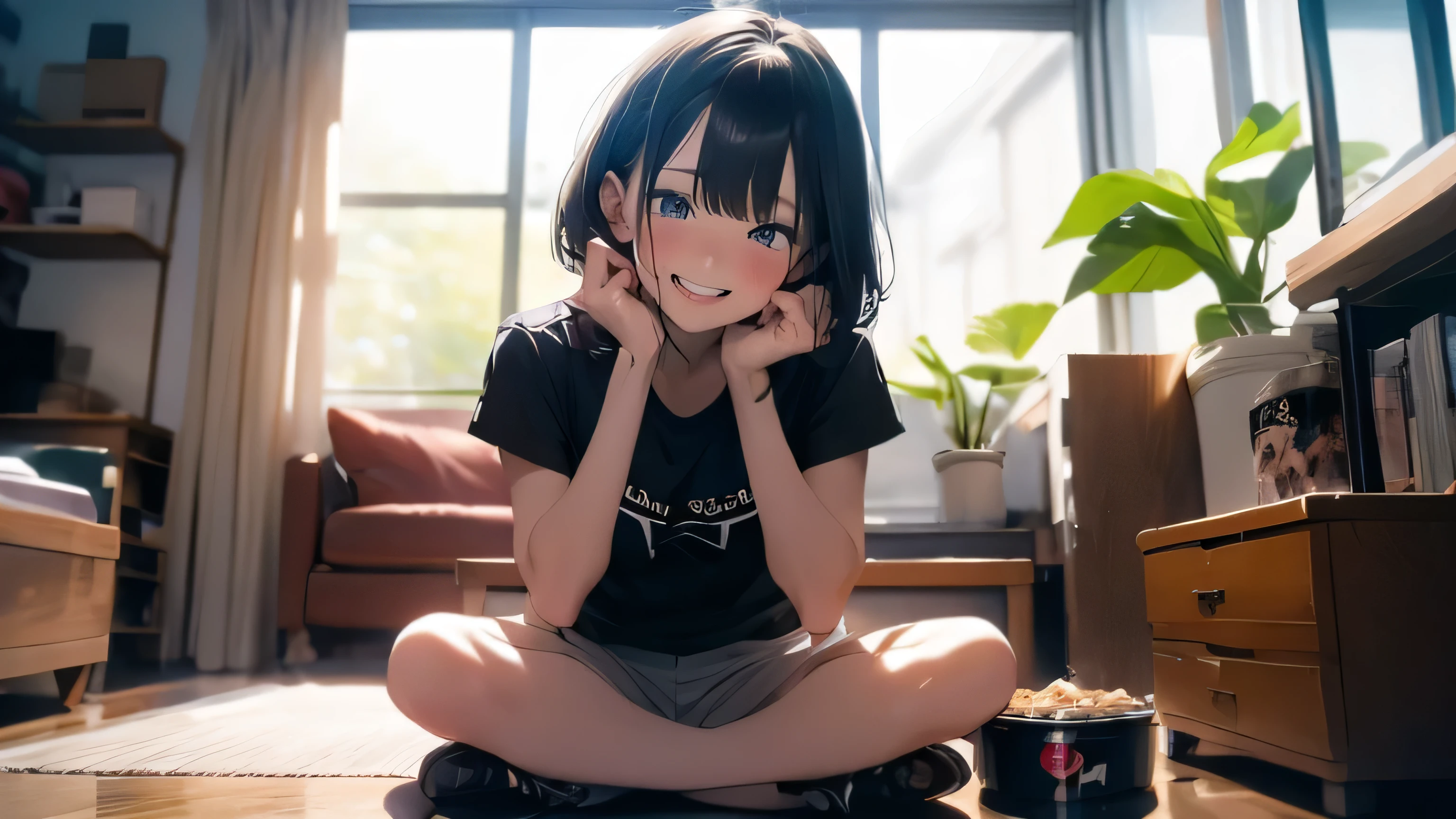 nagatoro :   A cute girl dressed in a t-shirt and short denim shorts ,  In front of me full body  ,  sitting on the couch leg , While fiddling with the cell phone  