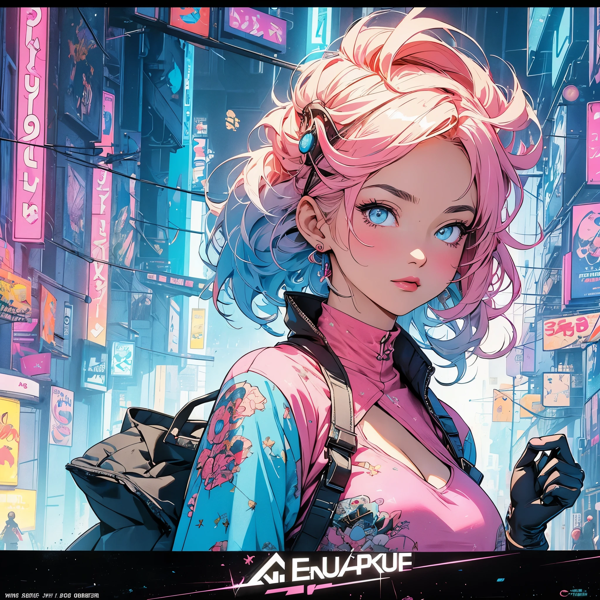 (masterpiece, highest quality), 32K,(highly detailed beautiful woman), poster,SF,1960s,1970s,bauhaus, shape, abstract,movie poster, vintage,retro,futuristic anime,ultimate map,highlight,highly detailed glowing eyes,cleavage,complicated pattern,Stylish hairstyle,fluorescence((pastel pink clothes)),Starry Sky,((Stylish cyberpunk street fashion)),breast enhancement,