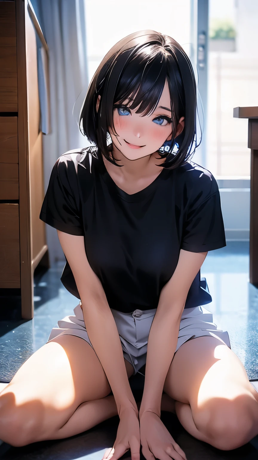 animeスタイル, film portrait photography, woman, blue eyes, black hair, short bob hair, wearing a black T-shirt, sit on the floor, anime, Moe art style, 8k,