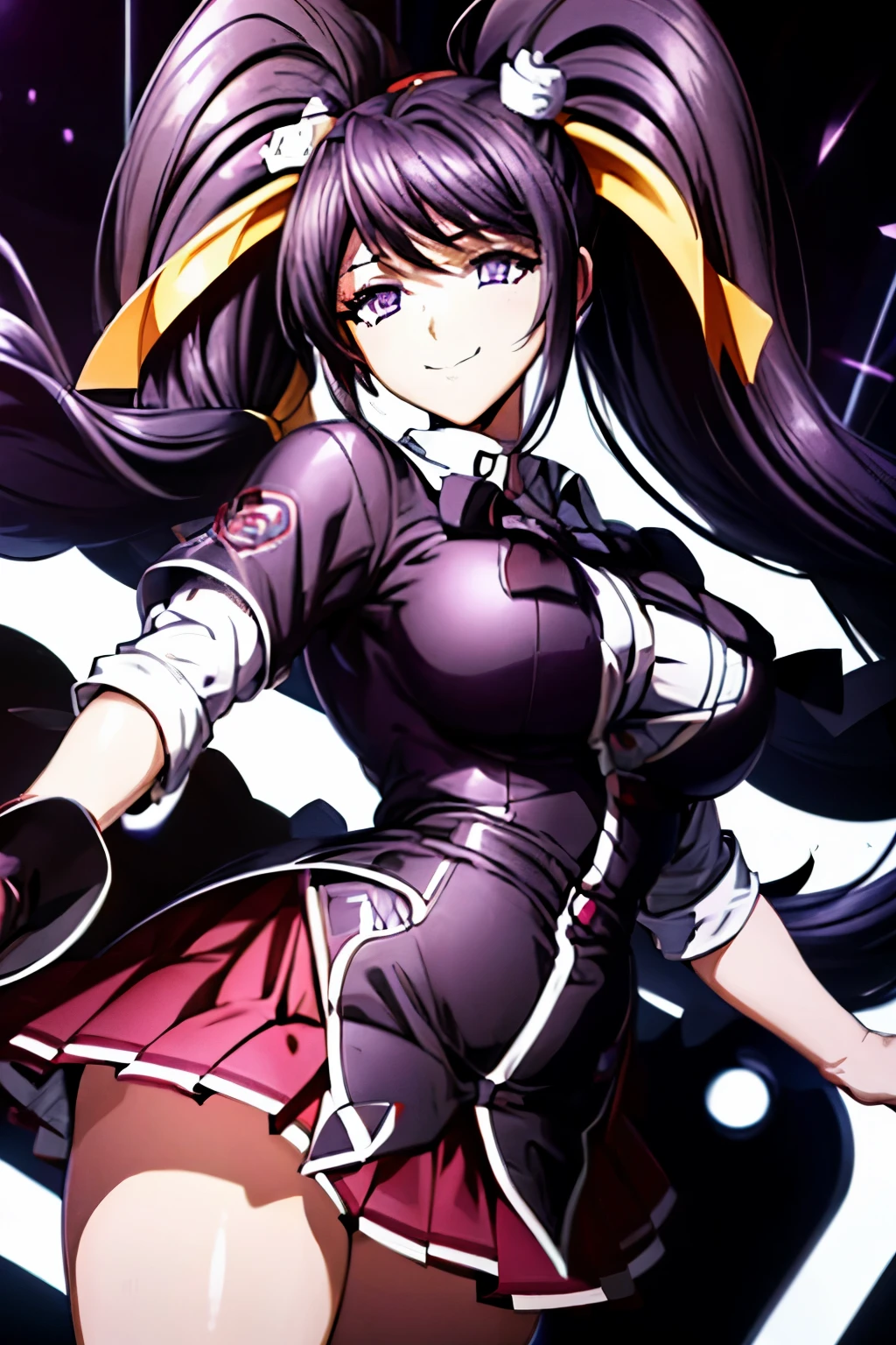 best quality, masterpiece, 1girl, (solo:1.1), raytracing, ultra detailed,detailed face, 8k wallpaper, wide hips, smile, HimejimaAkenoNDV, 1girl, black hair, large breasts, very long hair, purple eyes, red skirt, school uniform, shirt, corset, ponytail, hair ribbon, ribbon, outdoor, 