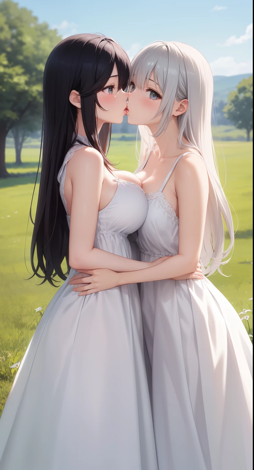 big breasts:1.2、、highest quality、very detailed、Very realistic eye masterpiece、highest quality、very detailed、gray hair、perfect face、long hair、white dress、sundress、lily、two girls、anime、kiss、countryside