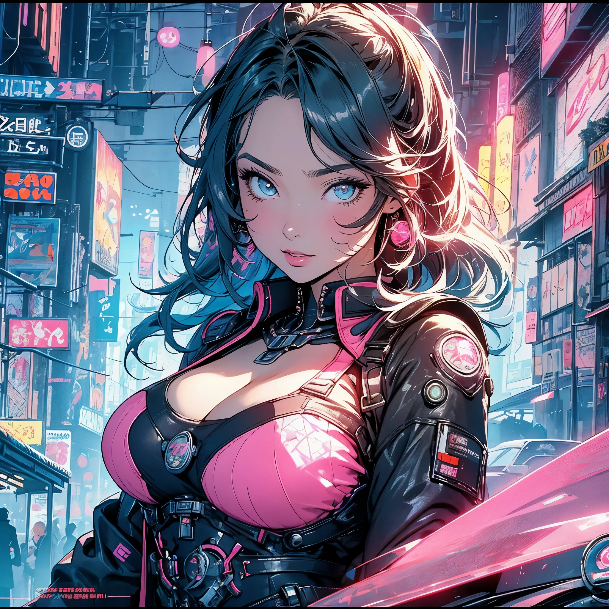 (masterpiece, highest quality), 32K,(highly detailed beautiful woman), poster,SF,1960s,1970s,bauhaus, shape, abstract,movie poster, vintage,retro,futuristic anime,ultimate map,highlight,highly detailed glowing eyes,cleavage,complicated pattern,Stylish hairstyle,fluorescence((pastel pink clothes)),Starry Sky,((Stylish cyberpunk street fashion)),breast enhancement,