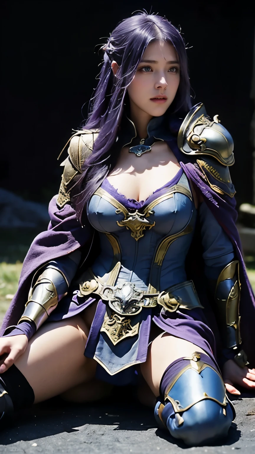 masterpiece,best quality,high resolution,8k,((lie down on the ground)),(full-body shot),original photo,real picture,digital photography,(Medieval fantasy female adventurer),(Female adventurer of the Middle Ages),25 year old female,(Hair ink blue gradient),long purple hair,Red eyes,(Purple gray gradient long hair,purple),(big breasts),Luxurious ornaments,open lips,Keep your mouth beautiful and attractive,((frown)),Serious and arrogant,frightened expression,(medieval leather,Fantastic style,joint armor,Cloak,animal skin armor,coat),(messy clothes),Spreading legs,Struggling posture,medieval characters medieval fantasy style,night city background,oc render reflection texture