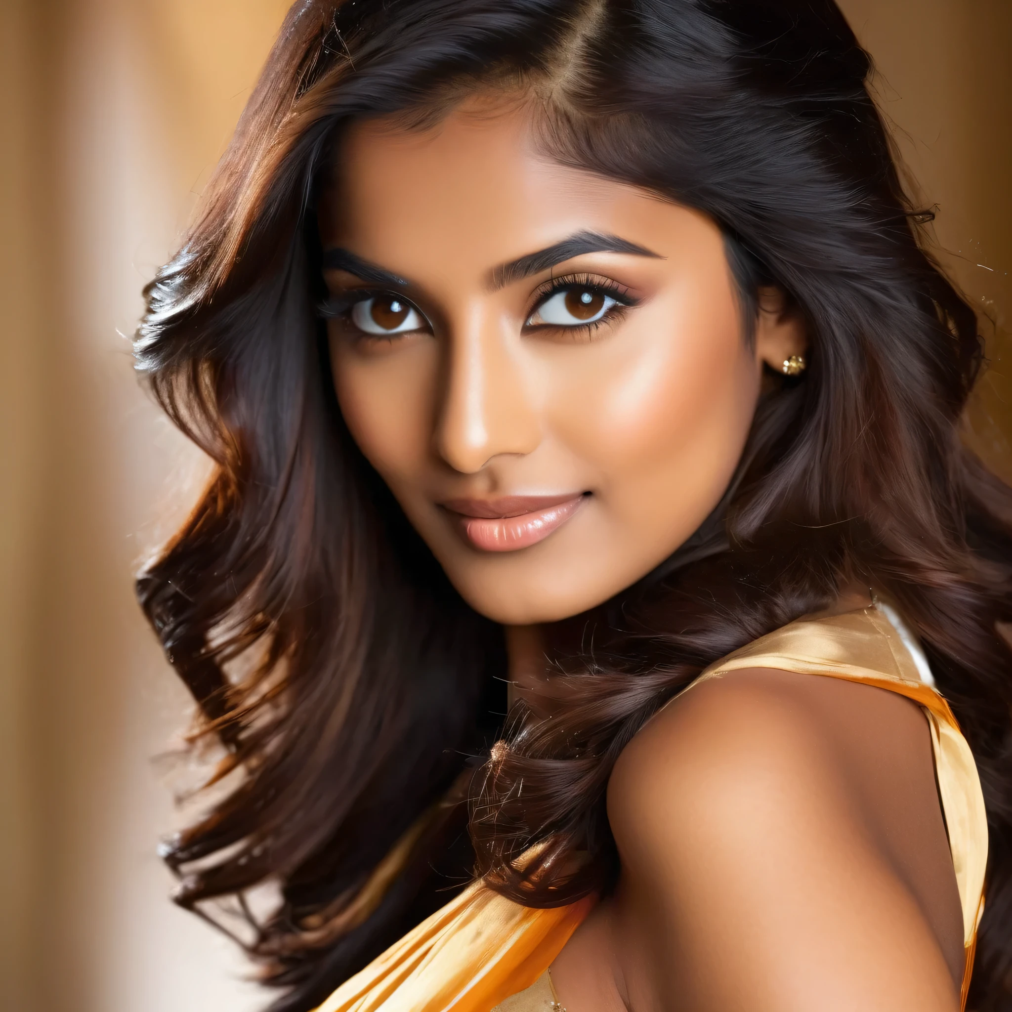 "An enchanting 25-year-old Indian beauty, with a warm caramel complexion that glows with vitality. Cascading waves of silky, mahogany hair frame her face, accentuating her striking features. She possesses a slender, graceful figure, and her captivating eyes sparkle with intelligence and allure, making her a vision of timeless elegance."