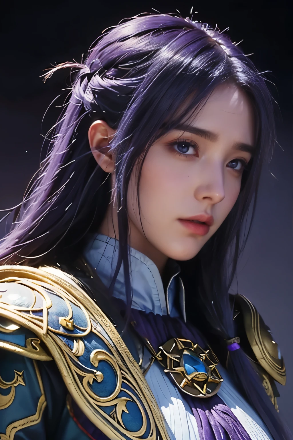 masterpiece，best quality，high resolution，8k，((portrait))，(Head close-up)，original photo，real picture，digital photography，(Medieval fantasy female adventurer)，(Female adventurer of the Middle Ages)，25 year old female，(Hair ink blue gradient)，long purple hair，Red eyes，(Purple gray gradient long hair，purple)，(big breasts)，Luxurious ornaments，open lips，Keep your mouth beautiful and attractive，((frown))，Serious and arrogant，frightened expression，(medieval leather，Fantastic style，joint armor，Cloak，animal skin armor，coat),(messy clothes)，photo poses，medieval characters medieval fantasy style，night city background，oc render reflection texture