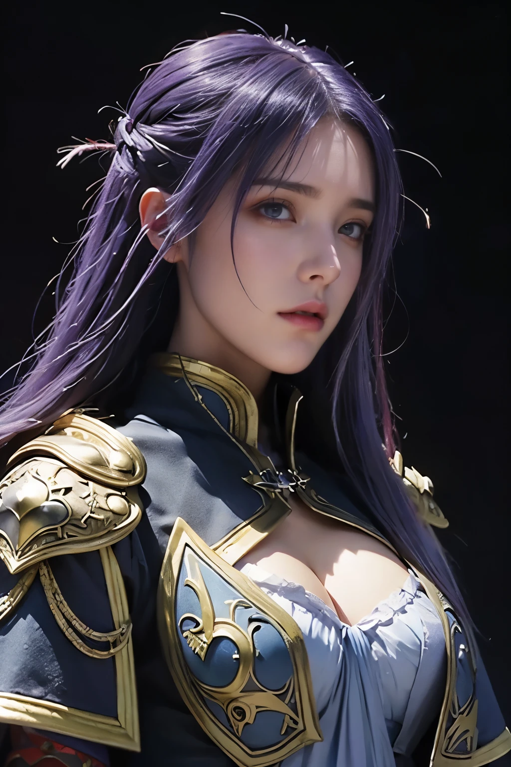 masterpiece，best quality，high resolution，8k，((portrait))，(Head close-up)，original photo，real picture，digital photography，(Medieval fantasy female adventurer)，(Female adventurer of the Middle Ages)，25 year old female，(Hair ink blue gradient)，long purple hair，Red eyes，(Purple gray gradient long hair，purple)，(big breasts)，Luxurious ornaments，open lips，Keep your mouth beautiful and attractive，((frown))，Serious and arrogant，frightened expression，(medieval leather，Fantastic style，joint armor，Cloak，animal skin armor，coat),(messy clothes)，photo poses，medieval characters medieval fantasy style，night city background，oc render reflection texture