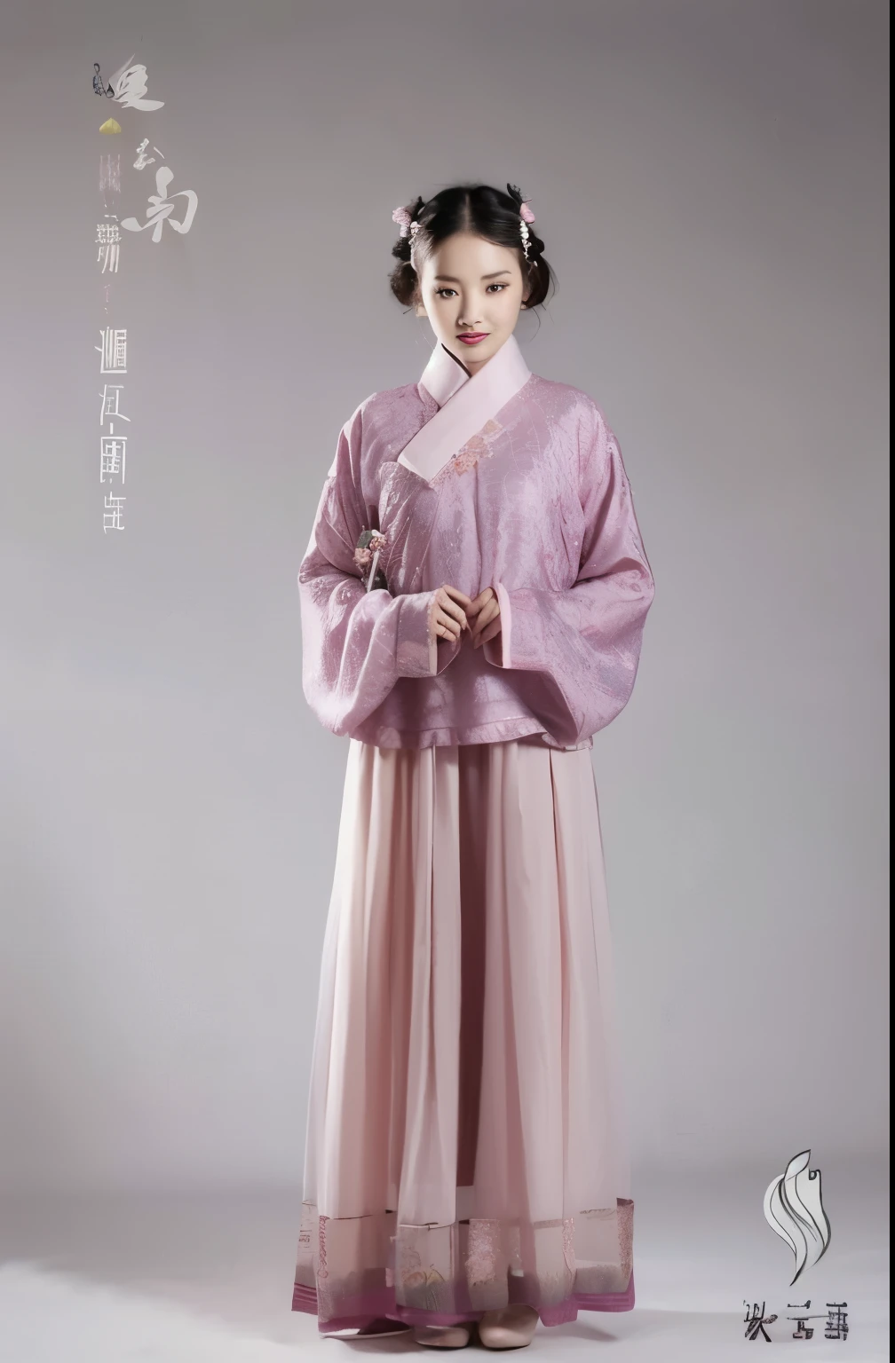 arafed woman in a pink dress standing in front of a gray background, traditional chinese clothing, with acient chinese clothes, hanfu, wearing ancient chinese clothes, style of guo hua, chinese costume, tang dynasty, traditional clothing, palace ， a girl in hanfu, inspired by Gu An, traditional clothes, inspired by Yun Shouping, traditional tai costume