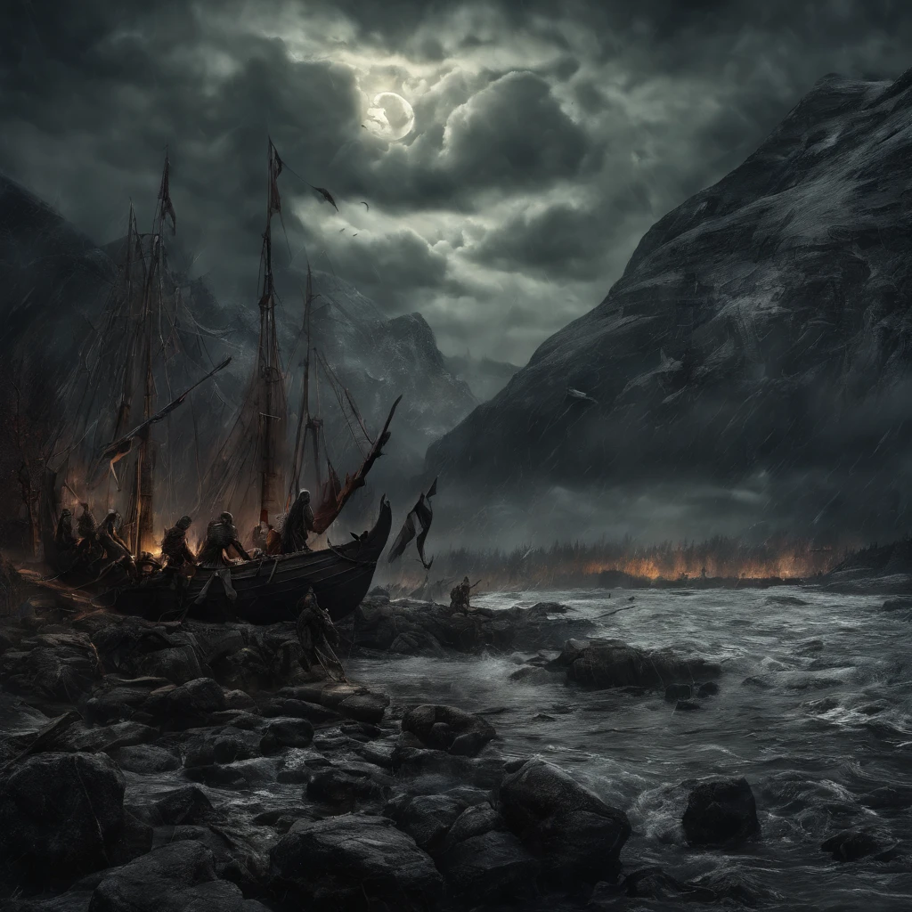 beautiful detailed faces, hairstyles, intense expressions, brave warriors, strong muscles, fierce battles, ancient weapons, shields and swords, intricate armor, Nordic mythology, Viking ships sailing on rough seas, stormy weather, dramatic sky, epic landscapes, snowy mountains, dense forests, roaring waterfalls, misty fjords, mystical runes, Odin and other Norse gods, Valhalla, dragon-headed longships, menacing Viking warlords, courageous shield maidens, Viking society and customs, raids and pillaging, burning villages, looting treasures, ancient runes and symbols, horned Viking helmets, intricate Viking ship carvings, intricate braids and hair decorations, fearless voyages, exploration of new lands, Viking longhouses and settlements, mead halls and feasting, rich Viking craftsmanship, intricate metalwork and jewelry, trading and bartering, Viking culture and traditions, Viking burial ceremonies, bonfires and celebrations, dramatic sunsets and sunrises, powerful storms and thunder, Northern Lights dancing in the sky, shield walls and battles formations, honor and glory-seeking, bloody axes and spears, fearsome sea monsters, fierce loyalty and camaraderie, mythological creatures and beasts, sagas and epic tales, the spirit of adventure and discovery, vivid colors and contrast, realistic textures and materials, professional-grade artwork, high-resolution masterpiece:1.2, photorealistic rendering, dramatic lighting.
