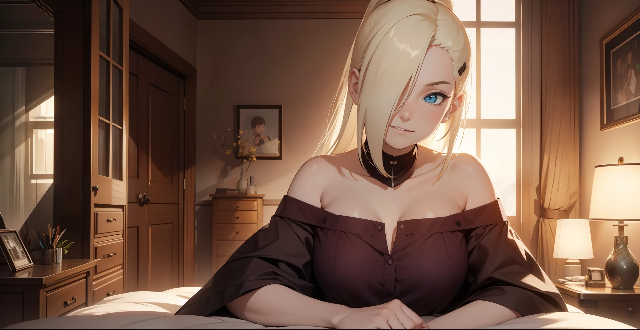 "Extremely detailed CG Unity 8K wallpapers，Ino yamanaka，masterpiece，indoor，bedroom，bed，charming，best picture quality，surrounded by toys，Volumetric light，Blonde，Face turned red，Smile，Off the shoulder dress，Bangs cover one eye，fat，looking at camera