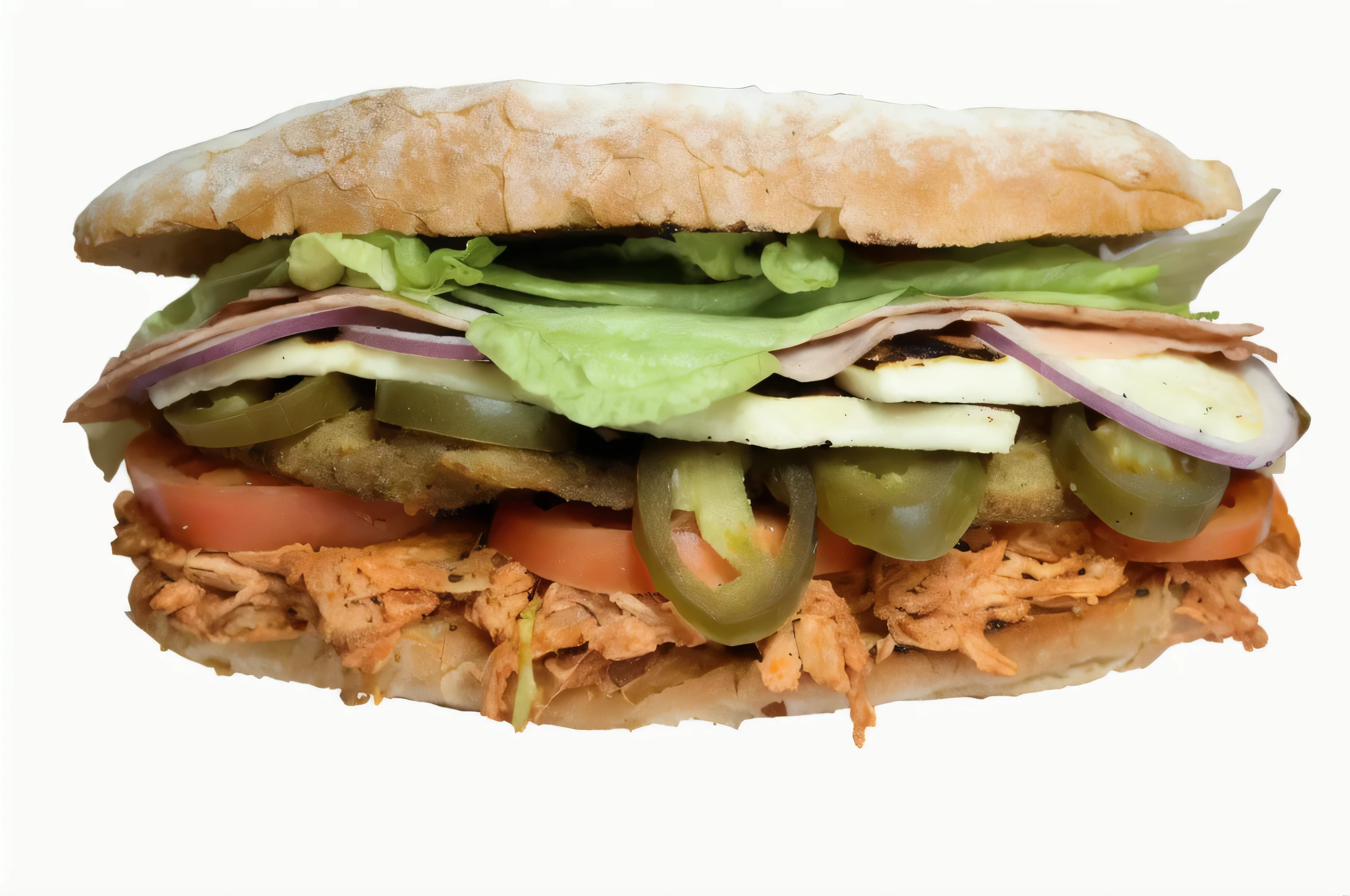 there is a sandwich with meat, lettuce, tomatoes, and peppers, chicken sandwich, sandwich, pulled pork sandwich, full subject shown in photo, panini, kebab, sloppy, subway, looking from side, one sandwich with fried tofu, sub tropical, sandwich with fried tofu, full height view, yummy, above side view, without background, detailed zoom photo
