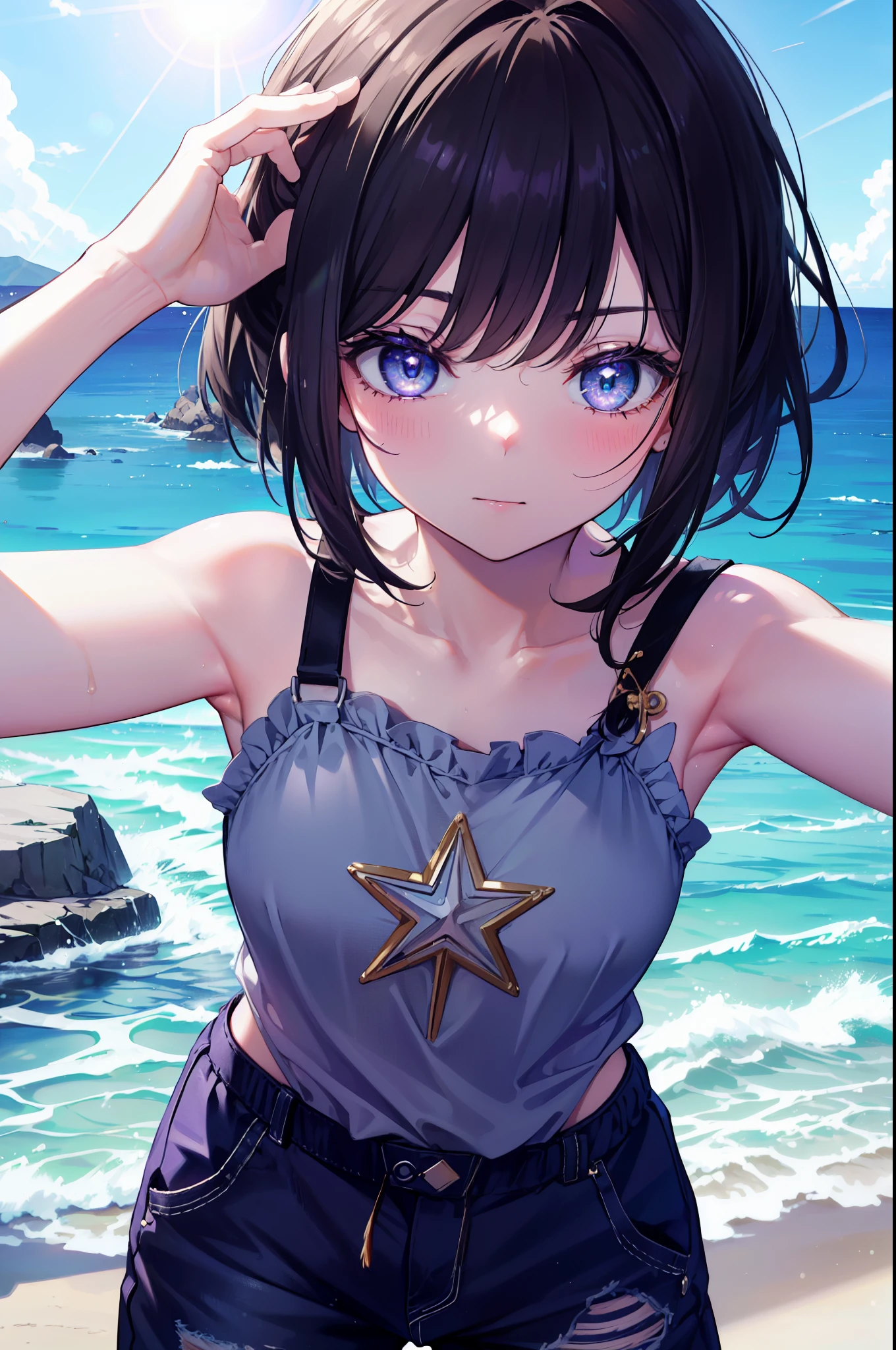 Takiuchi Kame, check it out, short hair,ponytail, bangs, black hair, (purple eyes:1.2),smile,blush,sleeveless tank top,blue shorts overalls,barefoot,barefoot,beachの砂浜を散歩しながら,Light of the sun,noon,true summer,Palm tree,
break outdoors, beach,
break looking at viewer, (cowboy shot:1.5),
break (masterpiece:1.2), highest quality, High resolution, unity 8k wallpaper, (figure:0.8), (detailed and beautiful eyes:1.6), highly detailed face, perfect lighting, Very detailed CG, (perfect hands, perfect anatomy),