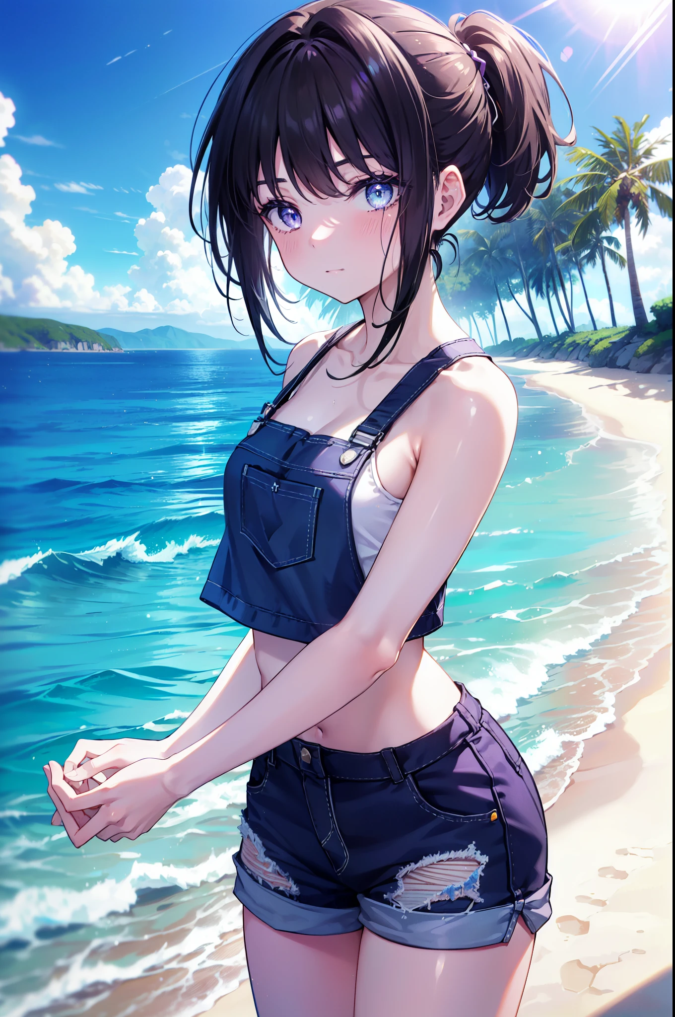 Red school swimsuit anime girl sitting on the beach, beautiful anime girl, Makoto Shinkai and artgerm, charming anime girl, (anime girl), Kantai collection style, (school swimsuit), small, Makoto Shinkai art style, beautiful anime woman, marine Kitagawa fan art, high quality anime art style, cute anime girl, 4K Manga Wallpapers