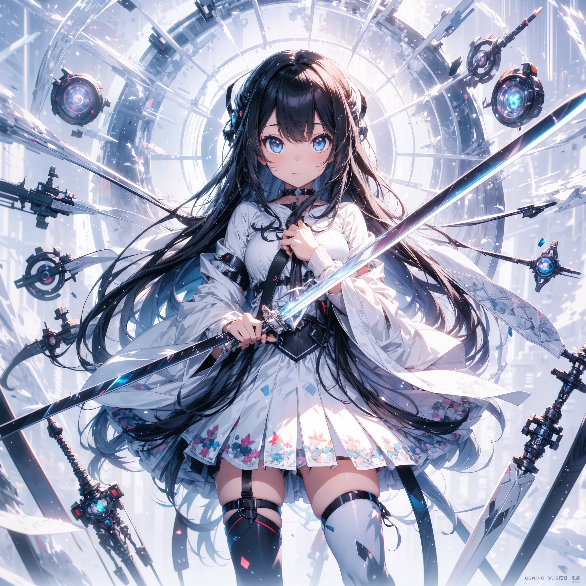 Create an ultra-high-definition, masterpiece-quality image themed around the color white, featuring a cute anime girl with long black hair in a cool pose, attacking with a high-tech sword. The scene includes many holographic swords floating in a circle, each with countless intricate parts, set in a predominantly white cyberpunk environment. The scene is enriched with holographic elements and light particles, emphasizing a futuristic and ethereal aesthetic. The image captures the essence of purity and sophistication with the best quality and beauty, showcasing the girl and her holographic swords with ultra-detailed, super-resolution visuals that highlight the intricate details of the scene.