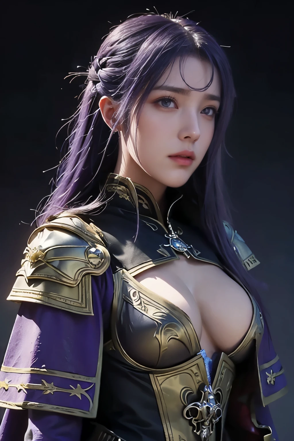 masterpiece，best quality，high resolution，8k，((portrait))，(Head close-up)，original photo，real picture，digital photography，(Medieval fantasy female adventurer)，(Female adventurer of the Middle Ages)，25 year old female，(Hair ink blue gradient)，long purple hair，Red eyes，(Purple gray gradient long hair，purple)，(big breasts)，Luxurious ornaments，open lips，Keep your mouth beautiful and attractive，((frown))，Serious and arrogant，Calm and handsome，(medieval leather，Fantastic style，joint armor，Cloak，animal skin armor，coat)，photo poses，medieval characters medieval fantasy style，night city background，oc render reflection texture