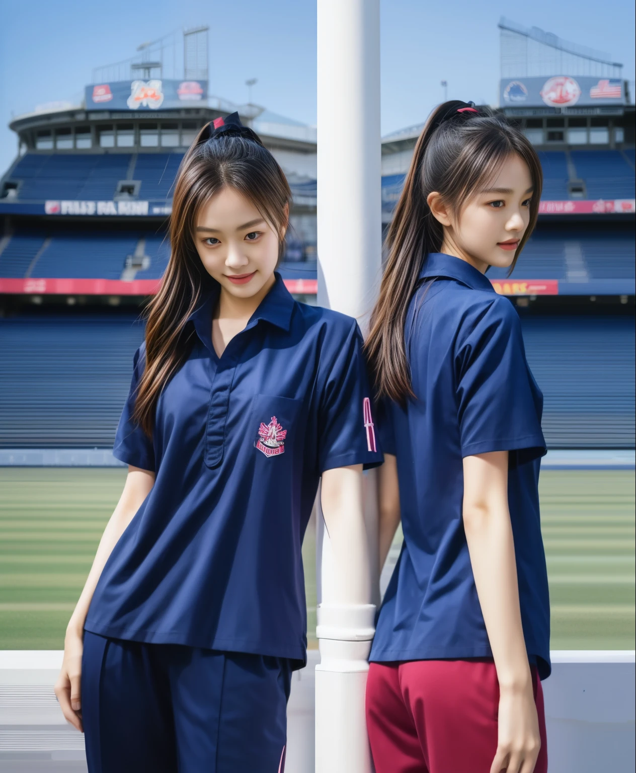 (best quality,10,10,height,Masterpiece:1.2),Special details,(realistic,ภาพrealistic,Realistic photos:1.37),1 cute girl on the football field,shiny, ผิวshiny,only,smile softly,BDclothelue shirt:1.3)),short sleeve,shirt, กางเกงขาlong.,(navy_long_track pants:1.1), ((stadium background:1.3)),Dynamic angle,excited,Face focus,dynamic poses,from behind,focus on ass,Masterpiece, best quality, ultra realistic, hyper-detail, 8K resolution, raw photos, Sharp focus, ((Navy blue shirt:1.1)), short sleeve, เส้นทางlong, perfect body, 2 mature women, 18 years old, Cinema-grade lighting system,blue sweatpants,shirtผ้าออกกำลังกาย,correct anatomy,perfect body, correct body, Sharp face, correct bodyทางกายวิภาค, full body, realistic gestures, long-haired, realistic poses,Wear long shorts................................,ช่วงขาlong,Good shape,carved girl, Slender figure, model, Good shape, beautiful body,blue sweatpants, two girls kissing