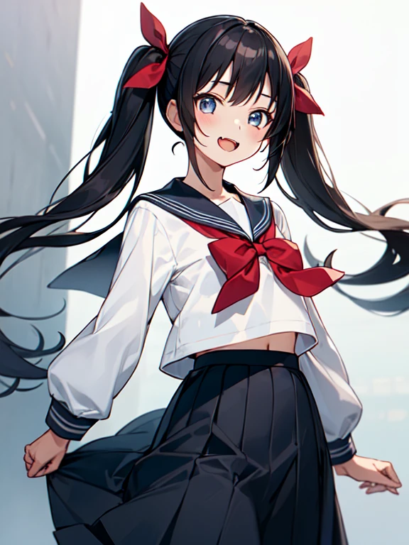 1girl,kawaii,cute,face,white long-sleeved sailor uniform,long skirt,dark blue skirt,red bow on the front,black hair,twintails,cackle