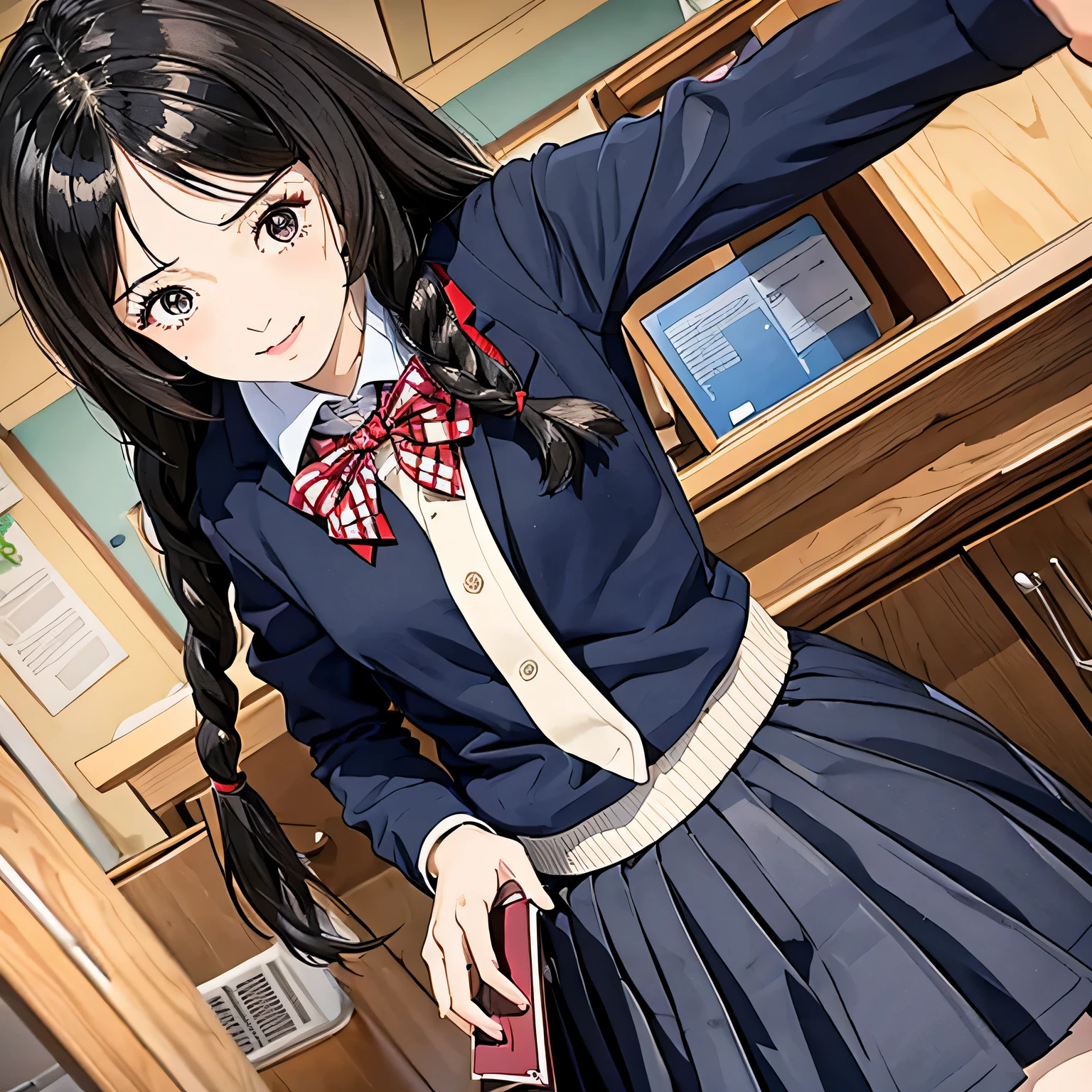 girl in school uniform, two braids on the head, voluminous hair, black hair, plaid skirt, 1 girl in motion, school, cabinet, Class, athletic body, The whole body is visible in the frame, Beautiful face, smiling, Ultra Detail, holds textbooks