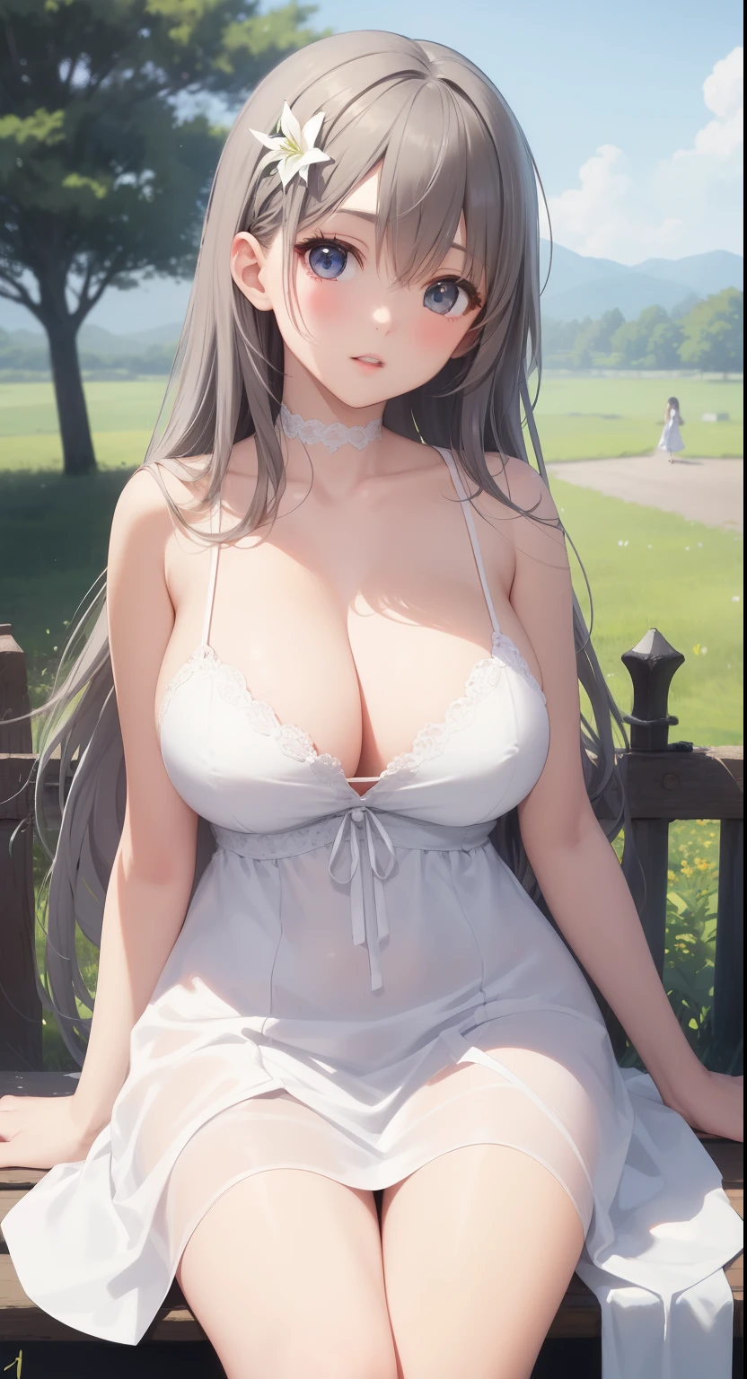 big breasts:1.2、、highest quality、very detailed、Very realistic eye masterpiece、highest quality、very detailed、gray hair、perfect face、long hair、white dress、sundress、lily、two girls、anime、kiss、countryside