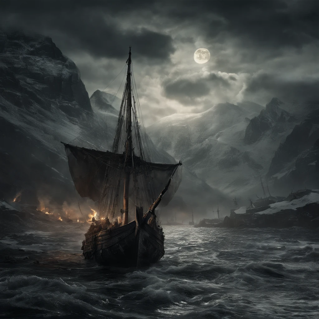 viking warriors,battle scene,ship sailing in stormy seas,majestic longships,brave warriors,fierce bearded men,shield maidens,fighting with swords and axes,horns on helmets,fierce facial expressions,victory celebrations,feasting and drinking,elaborate tattoos,body armor,leather boots and fur cloaks,dark and moody atmosphere,cold and windy weather,gold and silver treasures,seagulls flying overhead,rough and rugged landscapes, Nordic mythology and gods,Valhalla,lush green forests and snow-covered mountains,full moon lighting up the night sky,storm clouds and lightning bolts,fire and smoke,bravery and valor,heroic deeds and epic battles,proud and fearless warriors,harsh and unforgiving Viking age,unique Norse culture and traditions,intense and adrenaline-filled combat,deep and passionate friendships among the warriors,spiritual rituals and sacrifices,ancient runes and mystical symbols,retelling of legendary sagas and tales,awe-inspiring Northern lights dancing in the sky,war cries and battle chants,blazing bonfires illuminating the darkness,magnificent fjords and rocky shores. (best quality,4k,8k,highres,masterpiece:1.2),ultra-detailed,(realistic,photorealistic,photo-realistic:1.37),HDR,UHD,studio lighting,ultra-fine painting,sharp focus,physically-based rendering,extreme detail description,professional,vivid colors,bokeh,portraits,landscape,horror,anime,sci-fi,photography,concept artists,warm and earthy tones,soft and diffused light,subtle shadows and highlights