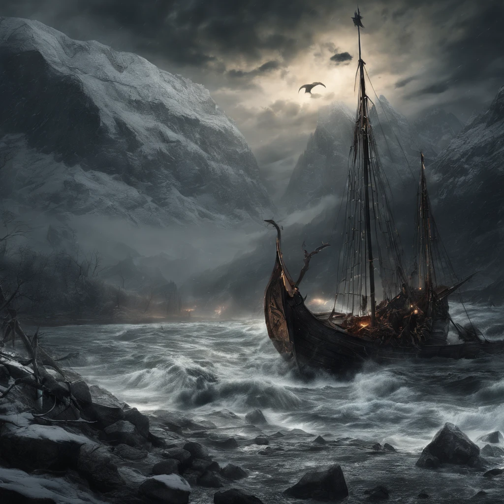 beautiful detailed faces, hairstyles, intense expressions, brave warriors, strong muscles, fierce battles, ancient weapons, shields and swords, intricate armor, Nordic mythology, Viking ships sailing on rough seas, stormy weather, dramatic sky, epic landscapes, snowy mountains, dense forests, roaring waterfalls, misty fjords, mystical runes, Odin and other Norse gods, Valhalla, dragon-headed longships, menacing Viking warlords, courageous shield maidens, Viking society and customs, raids and pillaging, burning villages, looting treasures, ancient runes and symbols, horned Viking helmets, intricate Viking ship carvings, intricate braids and hair decorations, fearless voyages, exploration of new lands, Viking longhouses and settlements, mead halls and feasting, rich Viking craftsmanship, intricate metalwork and jewelry, trading and bartering, Viking culture and traditions, Viking burial ceremonies, bonfires and celebrations, dramatic sunsets and sunrises, powerful storms and thunder, Northern Lights dancing in the sky, shield walls and battles formations, honor and glory-seeking, bloody axes and spears, fearsome sea monsters, fierce loyalty and camaraderie, mythological creatures and beasts, sagas and epic tales, the spirit of adventure and discovery, vivid colors and contrast, realistic textures and materials, professional-grade artwork, high-resolution masterpiece:1.2, photorealistic rendering, dramatic lighting.
