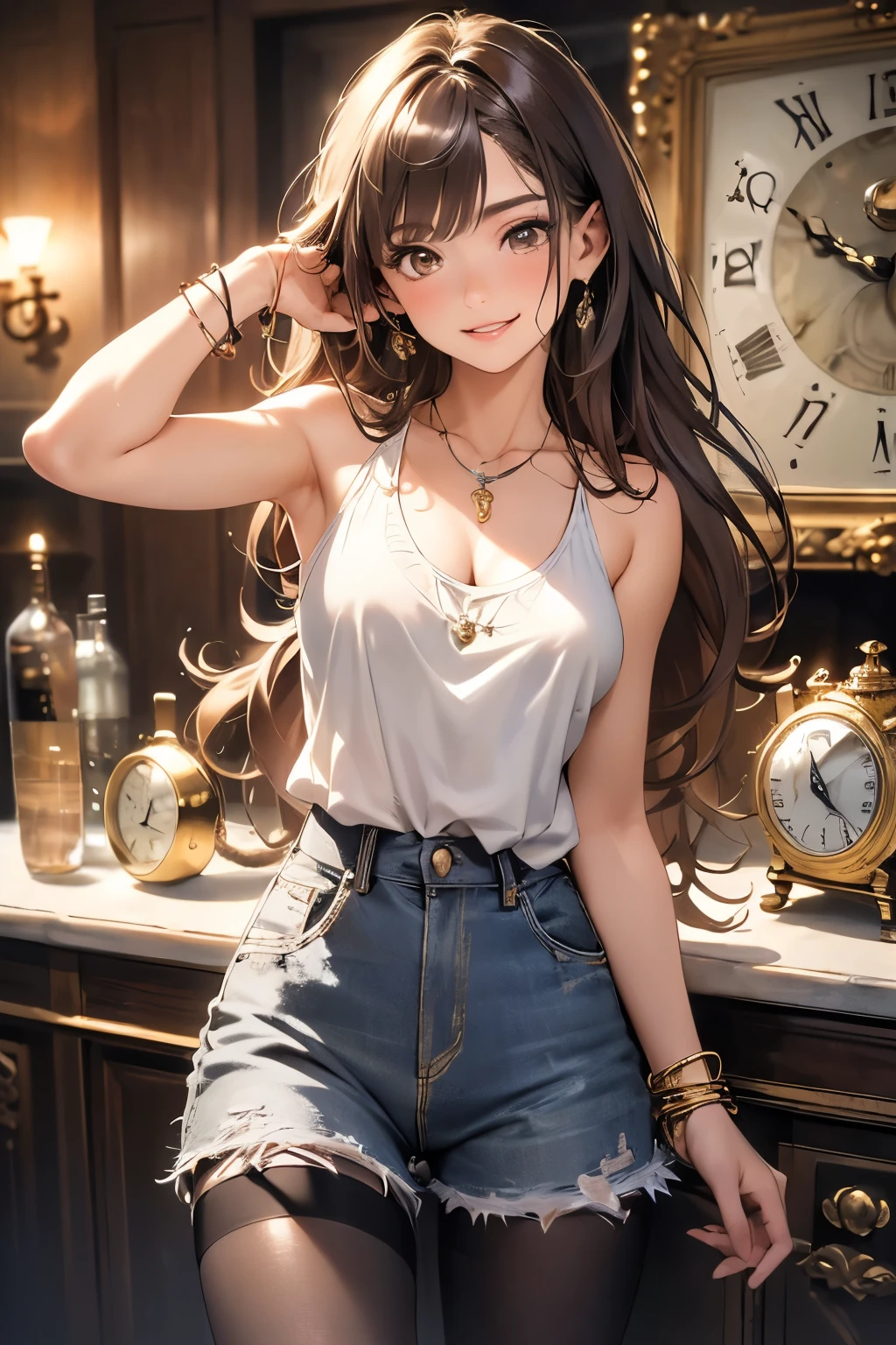 (masterpiece, highest quality, super detailed, High resolution, 4k),(detailed and beautiful eyes),(highly detailed face),(1 girl),HDR,long hair, shorts, Telephone, brown eyes, brown hair, bracelet, Tank top, jewelry, clock, lips, focus only, nail polish, blurry background, smile, realistic, looking at the viewer,black pantyhose