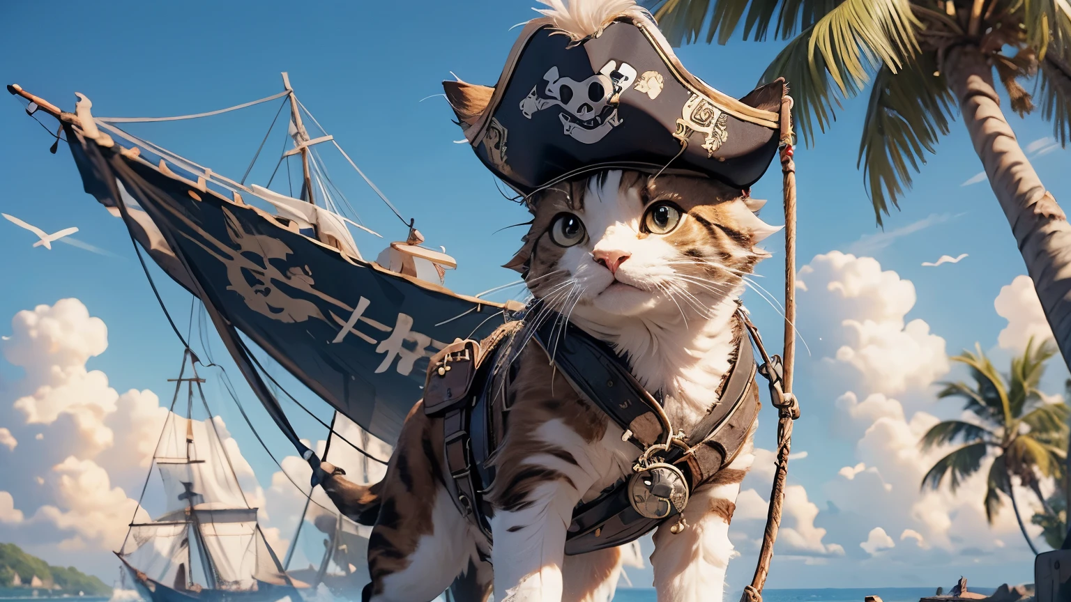 (best quality,ultra-detailed,realistic:1.37),(colorful,vibrant),(studio lighting),(highres),
(cat),(wearing pirate costume:1.1),(adorable,playful),
(pirate hat),(stripy shirt),(eye patch),
(curious expression),(whiskers),(fluffy fur),(sharp claws),
(treasure map),(parrot on shoulder),
(ocean backdrop),(sailing ship),(skull and crossbones),
(tropical island),(coconut trees),(gold coins)