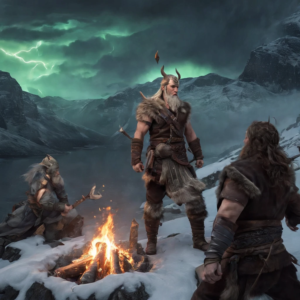 beautiful detailed faces, hairstyles, intense expressions, brave warriors, strong muscles, fierce battles, ancient weapons, shields and swords, intricate armor, Nordic mythology, Viking ships sailing on rough seas, stormy weather, dramatic sky, epic landscapes, snowy mountains, dense forests, roaring waterfalls, misty fjords, mystical runes, Odin and other Norse gods, Valhalla, dragon-headed longships, menacing Viking warlords, courageous shield maidens, Viking society and customs, raids and pillaging, burning villages, looting treasures, ancient runes and symbols, horned Viking helmets, intricate Viking ship carvings, intricate braids and hair decorations, fearless voyages, exploration of new lands, Viking longhouses and settlements, mead halls and feasting, rich Viking craftsmanship, intricate metalwork and jewelry, trading and bartering, Viking culture and traditions, Viking burial ceremonies, bonfires and celebrations, dramatic sunsets and sunrises, powerful storms and thunder, Northern Lights dancing in the sky, shield walls and battles formations, honor and glory-seeking, bloody axes and spears, fearsome sea monsters, fierce loyalty and camaraderie, mythological creatures and beasts, sagas and epic tales, the spirit of adventure and discovery, vivid colors and contrast, realistic textures and materials, professional-grade artwork, high-resolution masterpiece:1.2, photorealistic rendering, dramatic lighting.