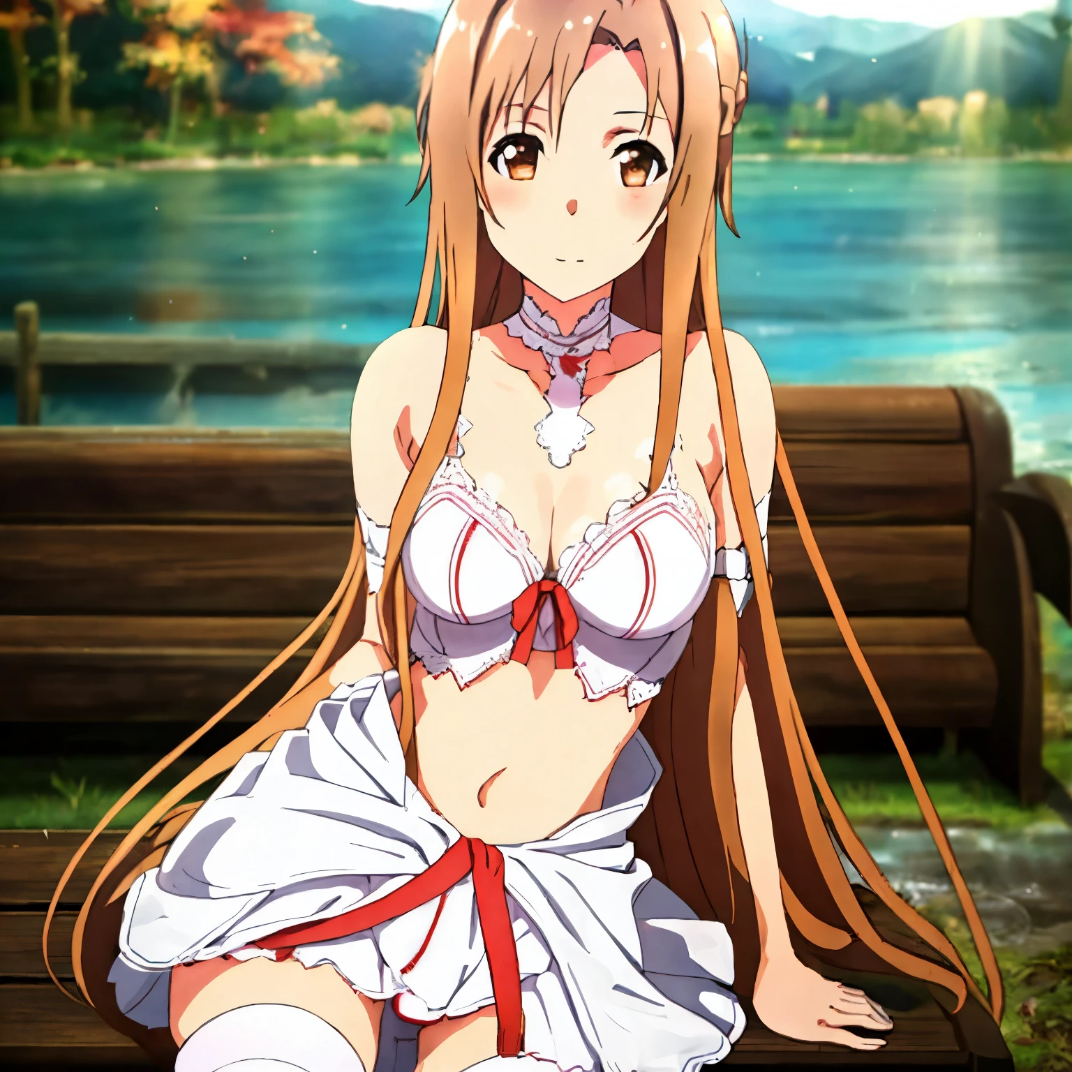 Tabletop, highest quality, Medium orange hair, Virgin-killing clothes, Large exposure of the chest, Big eyes, Cute Face, Realistic, Big Ass, Big Breasts, Her breasts and buttocks are completely visible, Pay attention to the butt, Orihime Inoue, A woman alone in the park,  Red ribbon around neck., Slender body, Bleach Anime, Orihime, Gorgeous sheer panties, Wet body, Crouch down, M-shaped legs, Showing off your crotch, Open your knees wide