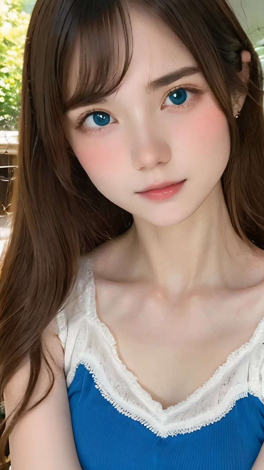 one girl、((smile:0.2))、pretty girl、chestnut hair、young、delicate girl、Upper body、small breasts、detailed description、Super detailed、camisole dress、slender body、professional lighting, film grain, chromatic aberration, (Eye and face details:1.0), (Bokeh:1.1)、software:1.5)))、 highest quality, 8k, ,
