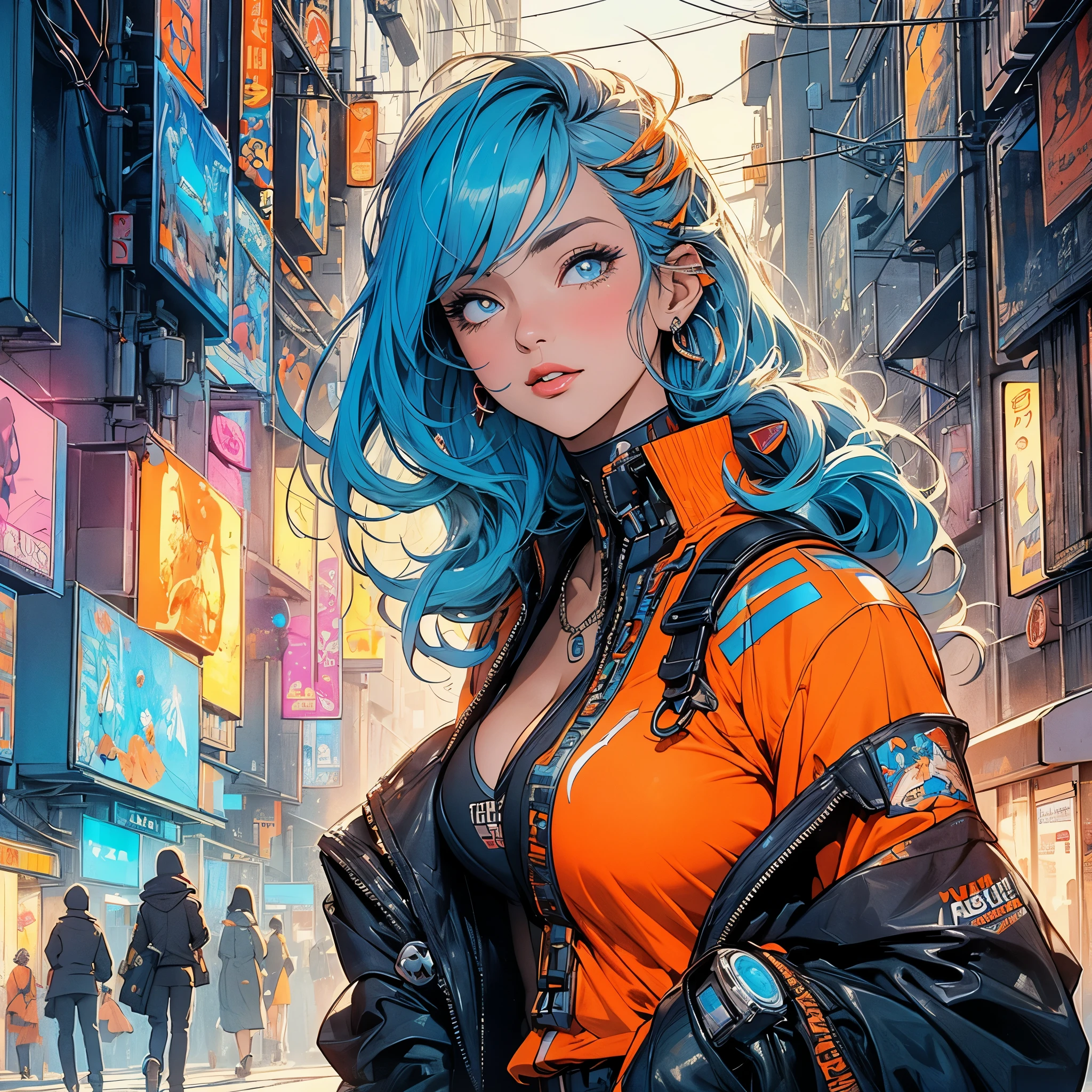 (masterpiece, highest quality), 32K,(highly detailed beautiful woman), poster,SF,1960s,1970s,bauhaus, shape, abstract,movie poster, vintage,retro,futuristic anime,ultimate map,highlight,highly detailed glowing eyes,cleavage,complicated pattern,Stylish hairstyle,fluorescence((orange and blue clothes)),Starry Sky,((Stylish cyberpunk street fashion)),breast enhancement,