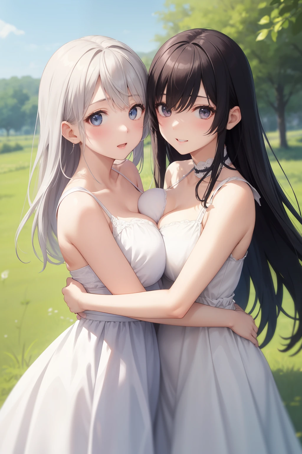 big breasts:1.2、、highest quality、very detailed、Very realistic eye masterpiece、highest quality、very detailed、gray hair、perfect face、long hair、white dress、sundress、lily、two girls、anime、countryside、hug each other