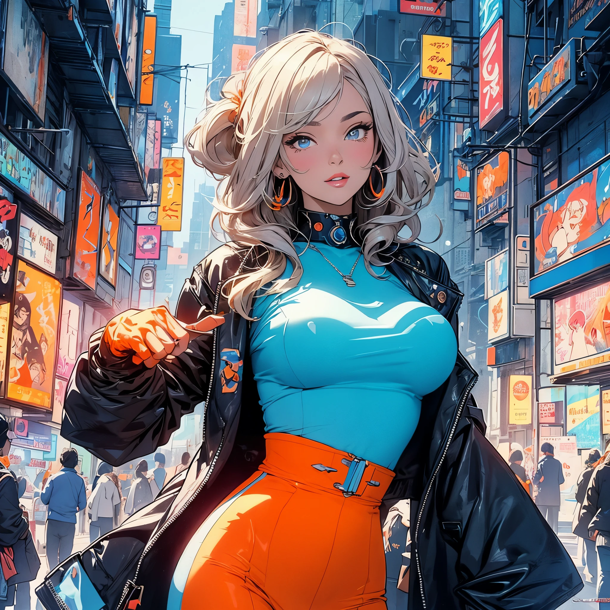 (masterpiece, highest quality), 32K,(highly detailed beautiful woman), poster,SF,1960s,1970s,bauhaus, shape, abstract,movie poster, vintage,retro,futuristic anime,ultimate map,highlight,highly detailed glowing eyes,cleavage,complicated pattern,Stylish hairstyle,fluorescence((orange and blue clothes)),Starry Sky,((Stylish cyberpunk street fashion)),breast enhancement,