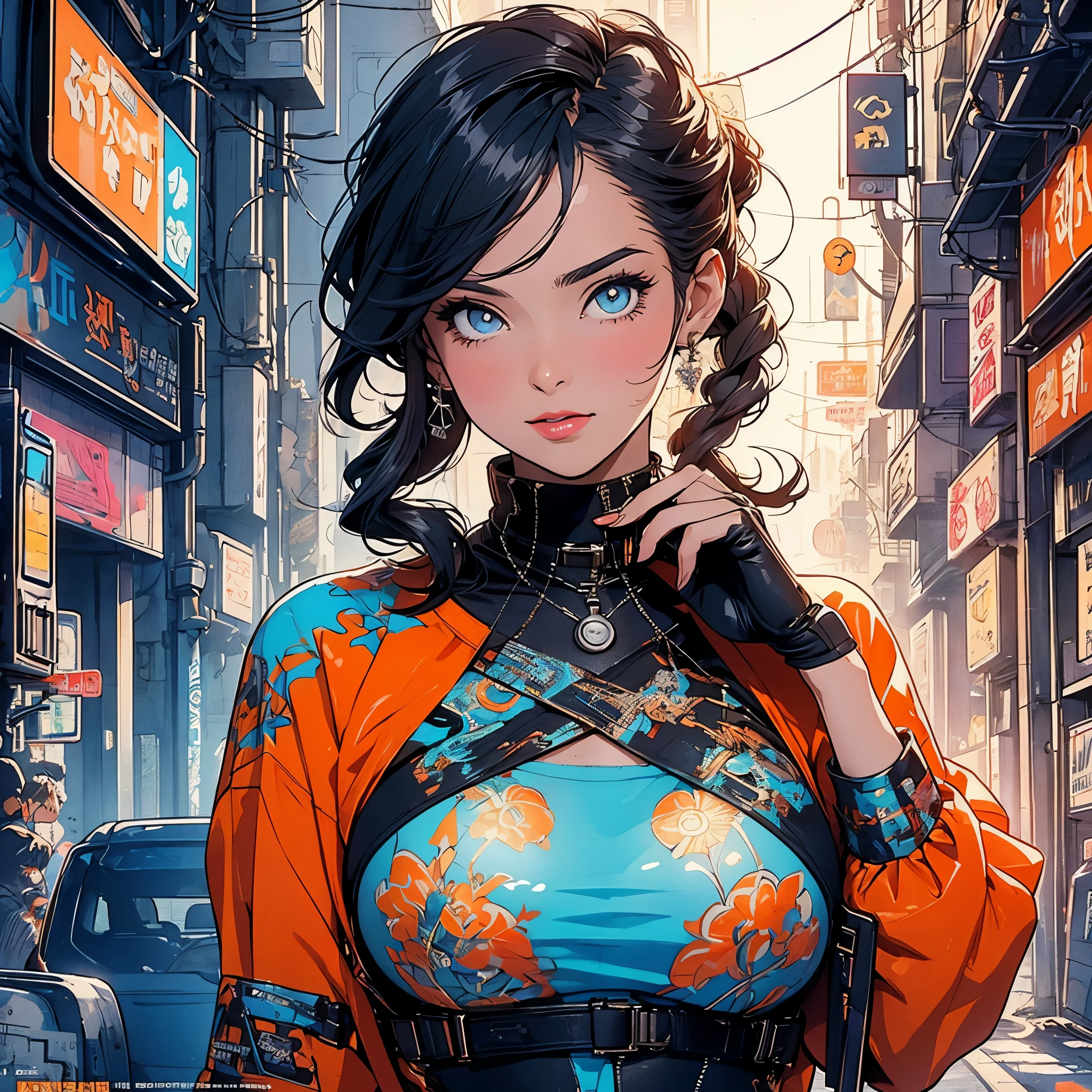 (masterpiece, highest quality), 32K,(highly detailed beautiful woman), poster,SF,1960s,1970s,bauhaus, shape, abstract,movie poster, vintage,retro,futuristic anime,ultimate map,highlight,highly detailed glowing eyes,cleavage,complicated pattern,Stylish hairstyle,gray and orange clothes,Starry Sky