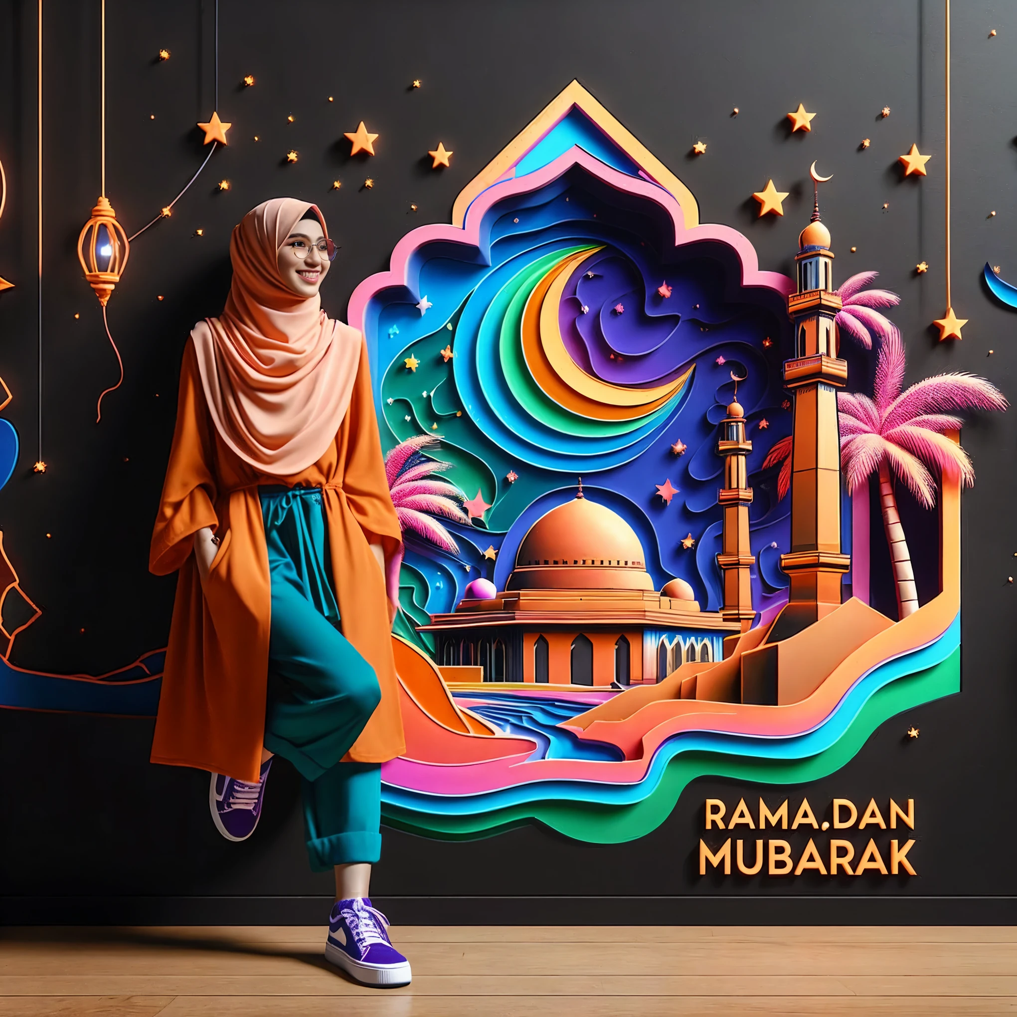 arafed image of a woman in a hijab standing in front of a wall with a mosque, with colourful intricate, with 3d render, with 3 d render, pastel colourful 3 d, colorful hyperrealism, detailed digital 3d art, 3 d digital art, 3d digital art, 3 d art, 3d art, 6 k, 6k