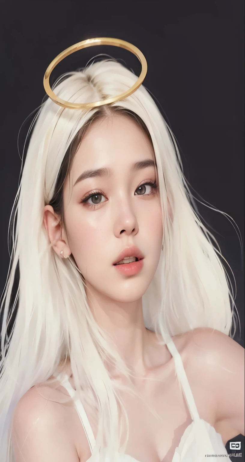 a woman with a halo on her head and a white dress, inspired by jennie of blackpink, inspired by jennie of blackpink, inspired by jennie of blackpink, wearing angel halo, inspired by jennie of blackpink, inspired by jennie of blackpink, in the art style of bowater, artwork in the style of guweiz, angelic halo, jennie of blackpink