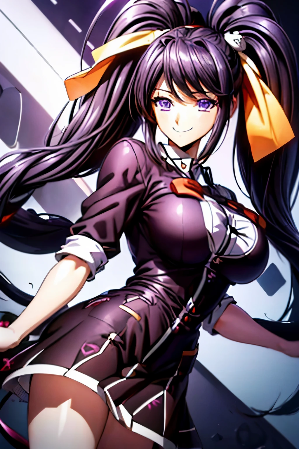 best quality, masterpiece, 1girl, (solo:1.1), raytracing, ultra detailed,detailed face, 8k wallpaper, wide hips, smile, HimejimaAkenoNDV, 1girl, black hair, large breasts, very long hair, purple eyes, red skirt, school uniform, shirt, corset, ponytail, hair ribbon, ribbon, outdoor, 