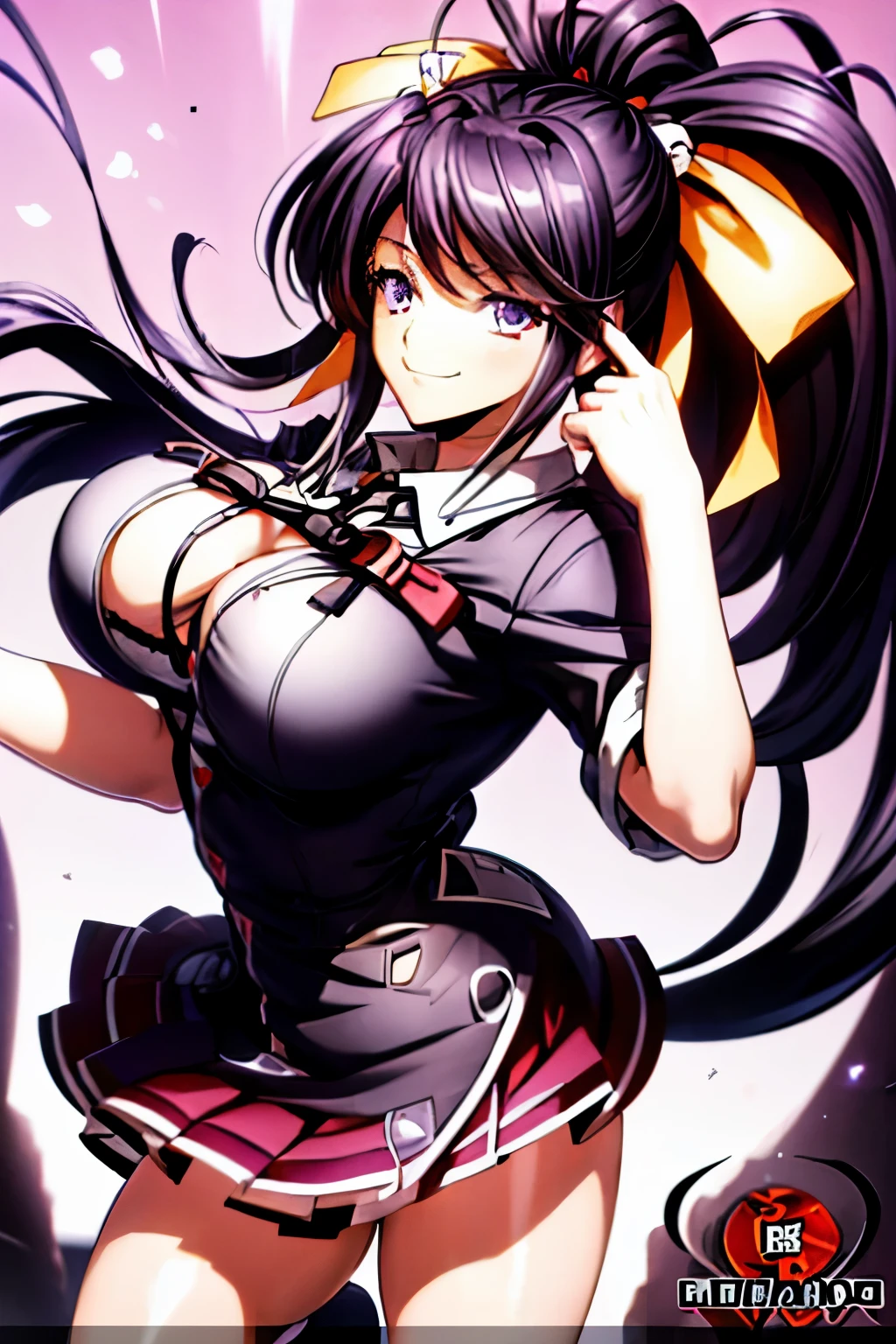 best quality, masterpiece, 1girl, (solo:1.1), raytracing, ultra detailed,detailed face, 8k wallpaper, wide hips, smile, HimejimaAkenoNDV, 1girl, black hair, large breasts, very long hair, purple eyes, red skirt, school uniform, shirt, corset, ponytail, hair ribbon, ribbon, outdoor,