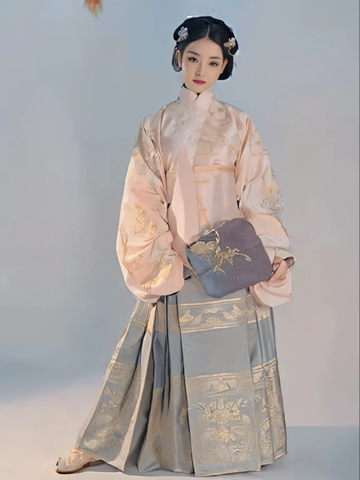 araffe dressed in a traditional chinese dress holding a purse, hanfu, wearing ancient chinese clothes, palace ， a girl in hanfu, traditional chinese clothing, with acient chinese clothes, white hanfu, wearing ornate silk clothes, pale pink and gold kimono, imperial royal elegant clothing, intricate geisha kimono, traditional tai costume, pale and coloured kimono