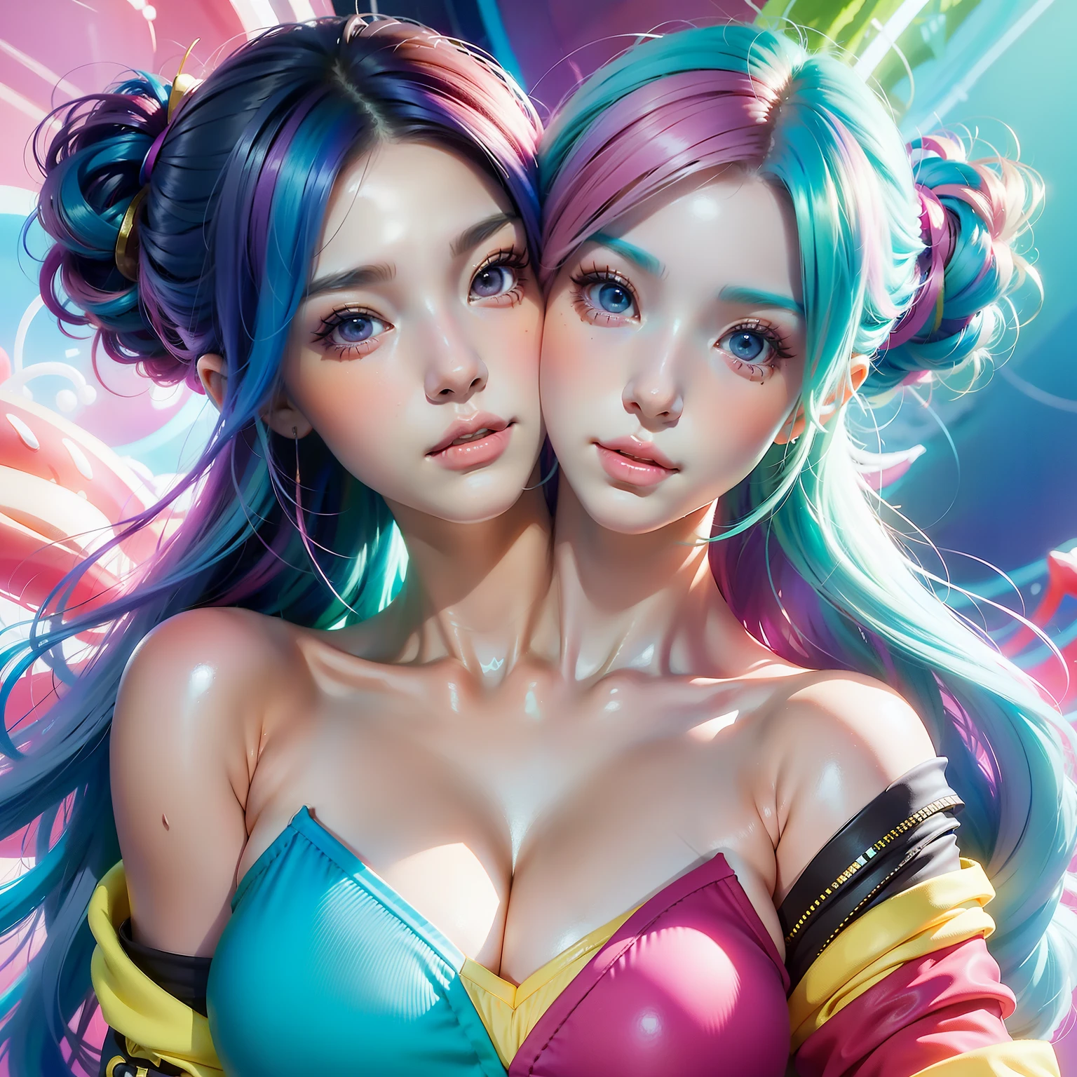 (Twoheads), two women with colorful hair and rainbow hair are posing for a picture, rossdraws pastel vibrant, beautiful sci - fi twins, loish and ross tran, beautiful gemini twins portrait, inspired by Yanjun Cheng, artwork in the style of guweiz, beautiful gemini twins, anime styled digital art, sakimichan frank franzzeta, rossdraws cartoon vibrant