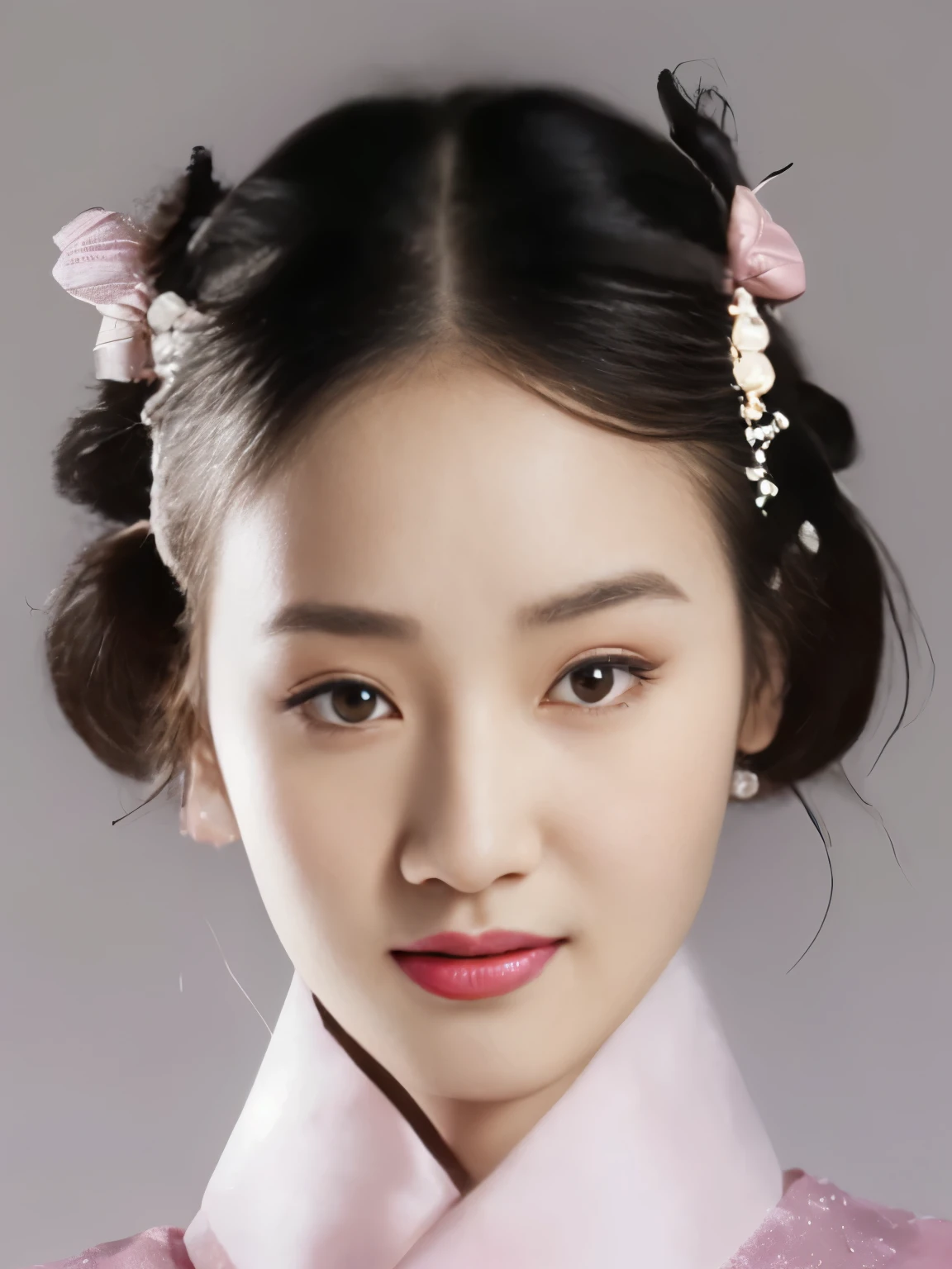 a close up of a woman with a pink dress and a pink bow, inspired by Jeong Seon, inspired by Sim Sa-jeong, inspired by Yun Du-seo, korean woman, beautiful south korean woman, inspired by Shin Saimdang, korean girl, beautiful young korean woman, korean symmetrical face, by Tang Sin Yun Sandara, young adorable korean face