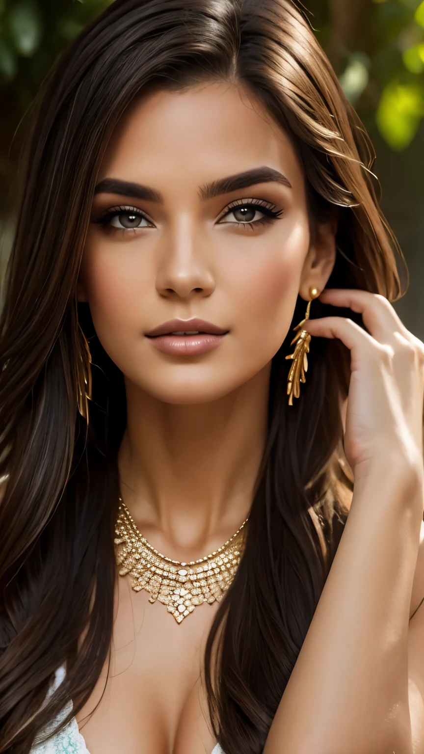 Very very very sexy girl, 1girl, solo, brunette hair, parted hair style, topples, wearing necklace, jewellery, full body shot, body focus, Detailed skin, Detailed Face, Detailed Lips, Detailed Eyes, light make up, seductive smile, happy, textured skin, super detail lighting, summary background, summer atmosphere,