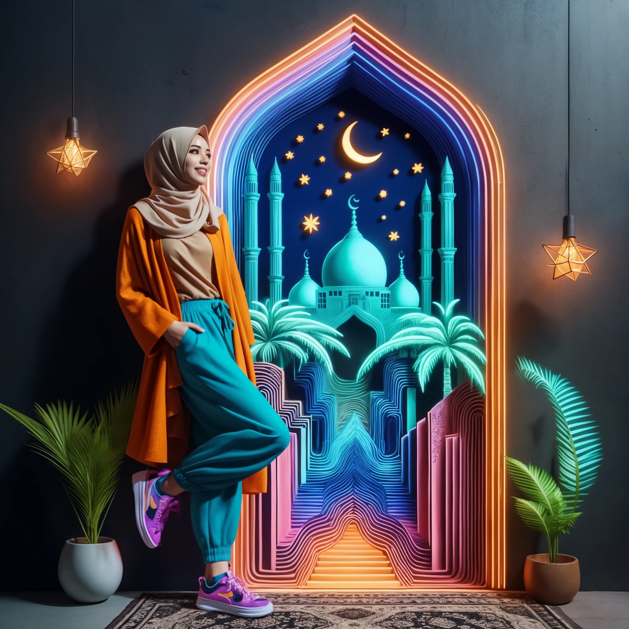 a woman in a hijab stands in front of a colorful mosque, 3 d illutration, arabian art, intricate 3 d illustration, detailed digital 3d art, 3d illustration, 3 d illustration, 3 d digital art, 3d digital art, 3d art, 3 d art, 3 d artwork, 3 d neon art of a womens body, arabian nights