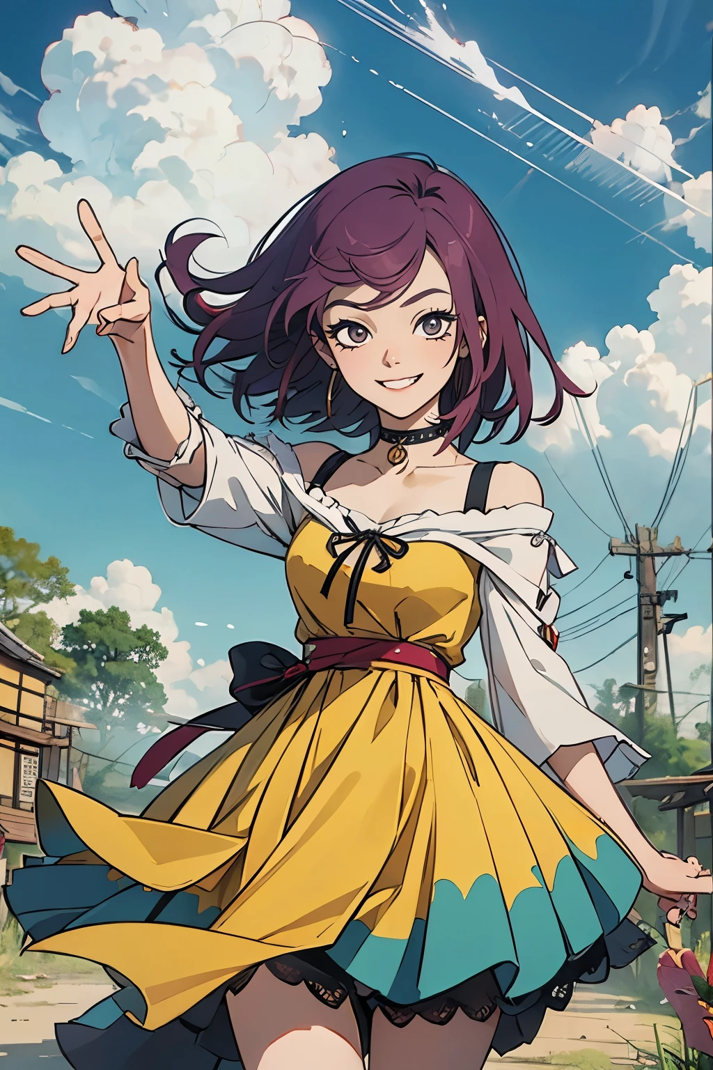 masutepiece, Best Quality, Ultra-detailed, Kisho, jigokuraku, 1 girl, reddish Purple hair, Gray eyes, showa town, Ruins, Bang, Beautiful sky, shining sky, Sunshine, Smiling, Waving, Black Belt, black choker, Dresses that blow the wind, black Lace dress, wool sweaters, Off-shoulder sleeves, two hands, perfect fingers, five fingers