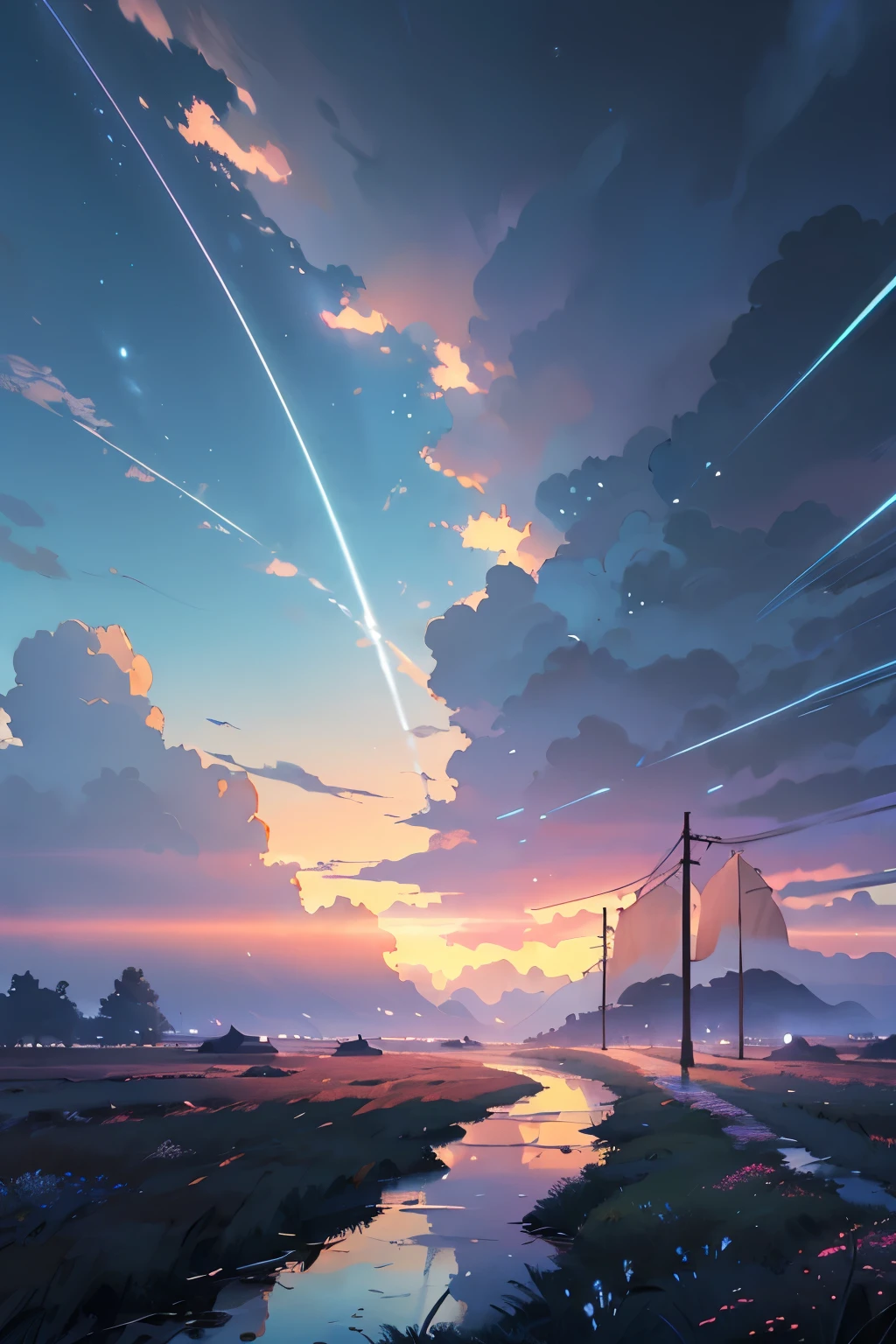 Anime - style scene of a battlefields with storm sky and black cloud. by makoto shinkai, anime art wallpaper 4k, anime art wallpaper 4 k, anime art wallpaper 8 k, anime wallpaper 4k, anime wallpaper 4 k, 4k anime wallpaper, anime sky, amazing wallpaper, anime background. Ghilbi Vibes ((best quality)), ((masterpiece)), (detailed), war