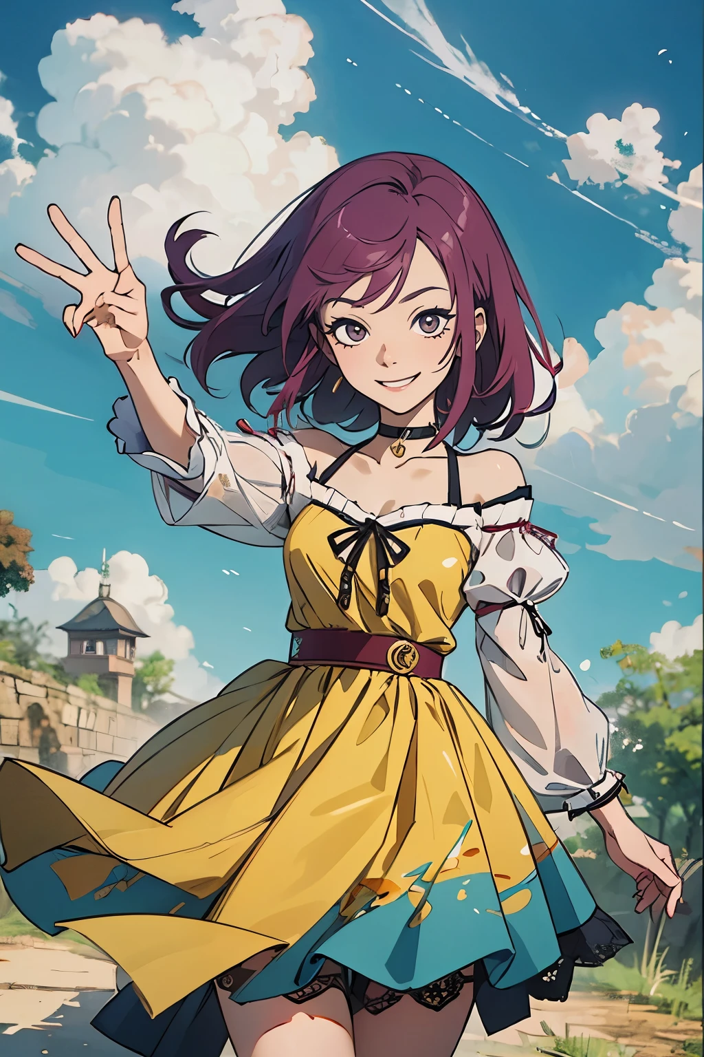 masutepiece, Best Quality, Ultra-detailed, Kisho, jigokuraku, 1 girl, reddish Purple hair, Gray eyes, showa town, Ruins, Bang, Beautiful sky, shining sky, Sunshine, Smiling, Waving, Black Belt, black choker, Dresses that blow the wind, black Lace dress, wool sweaters, Off-shoulder sleeves, two hands, perfect fingers, five fingers